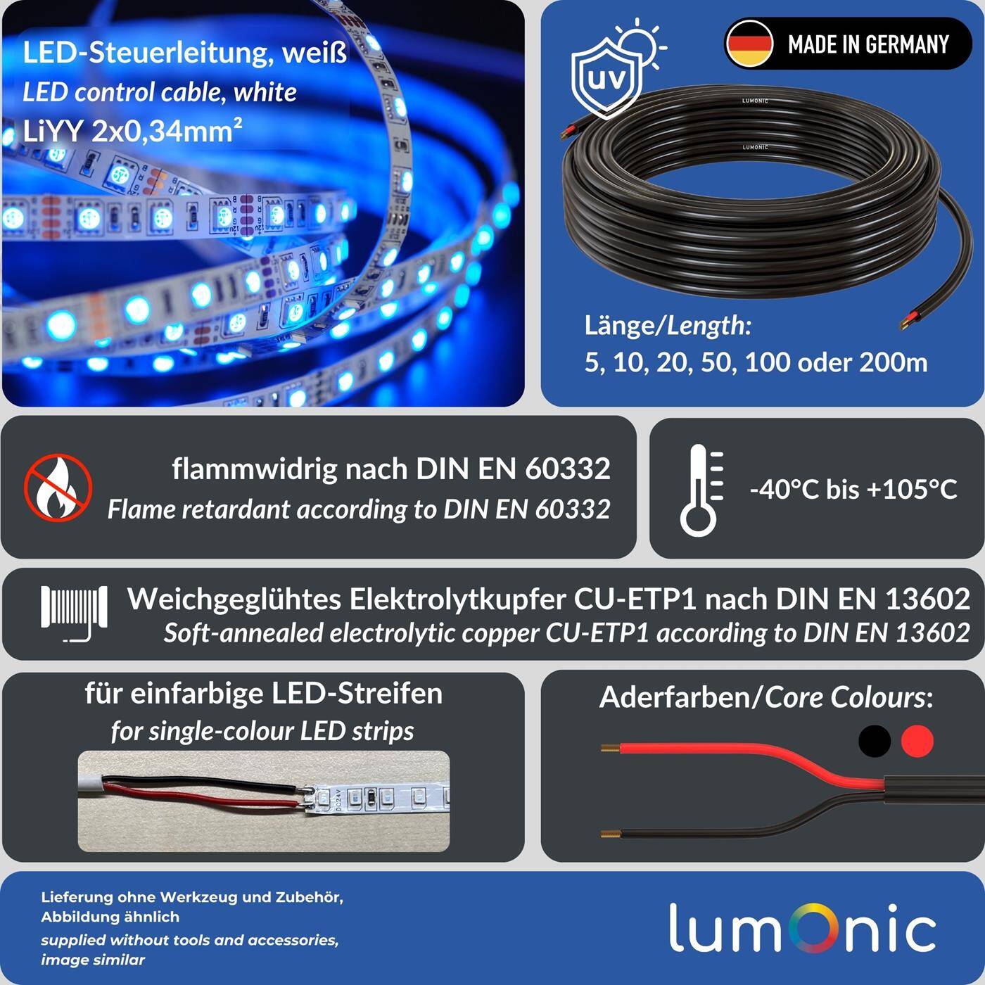 1m LED Steuerleitung 2x 0,34mm² LiYY Verlängerung 2 adrig Stromkabel Schwarz UV beständig