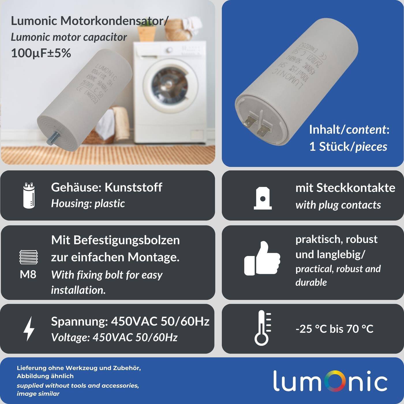 Lumonic Starting capacitor 100µF 450V | with Plug I 55x120mm I 100uF I Motor capacitor with plastic housing I Operating capacitor I for pumps, lawn mowers, tools