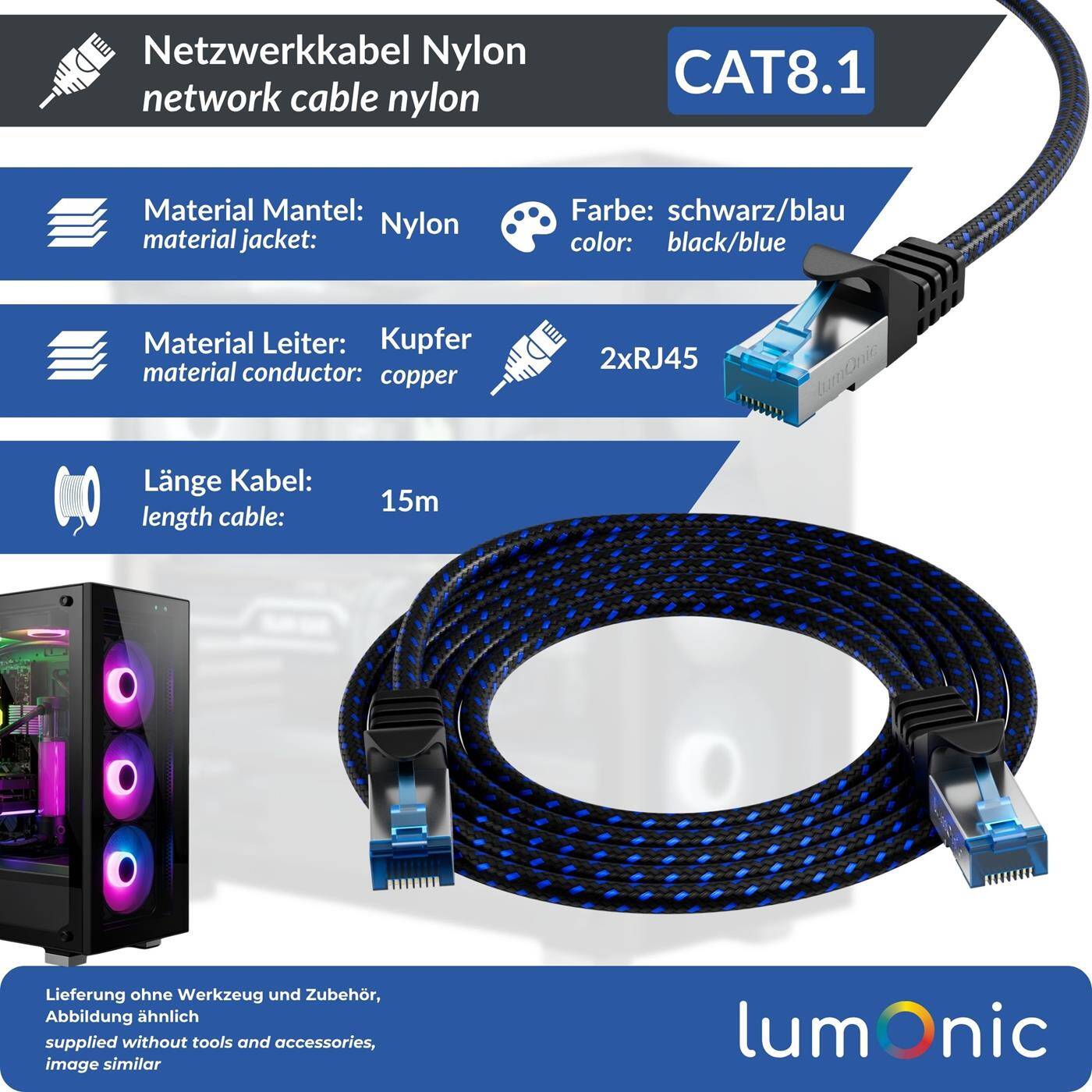 Lumonic CAT8.1 Patchkabel S/FTP 15m | RJ45 | Schwarz Blau Premium Nylon Optik | Ethernet LAN | Netzwerkkabel
