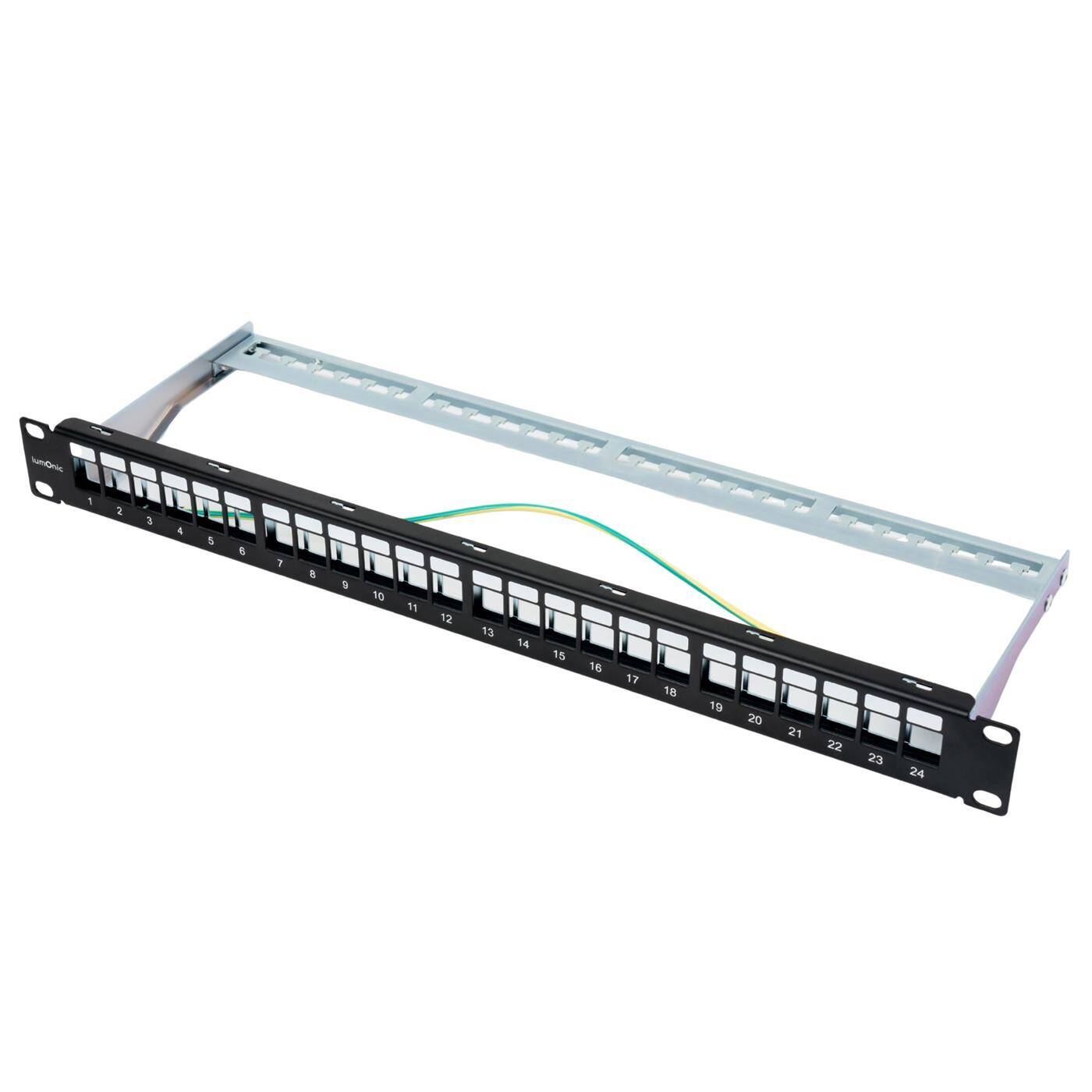 Lumonic 19" Patchpanel Keystone-Modulträger | 24 Port, 1HE mit Beschriftungsfeld | flexibel erweiterbar | Rackmontage | schwarzes Patchfeld mit Erdungskabel | mit CAT6/6a/7 Keystones kompatibel