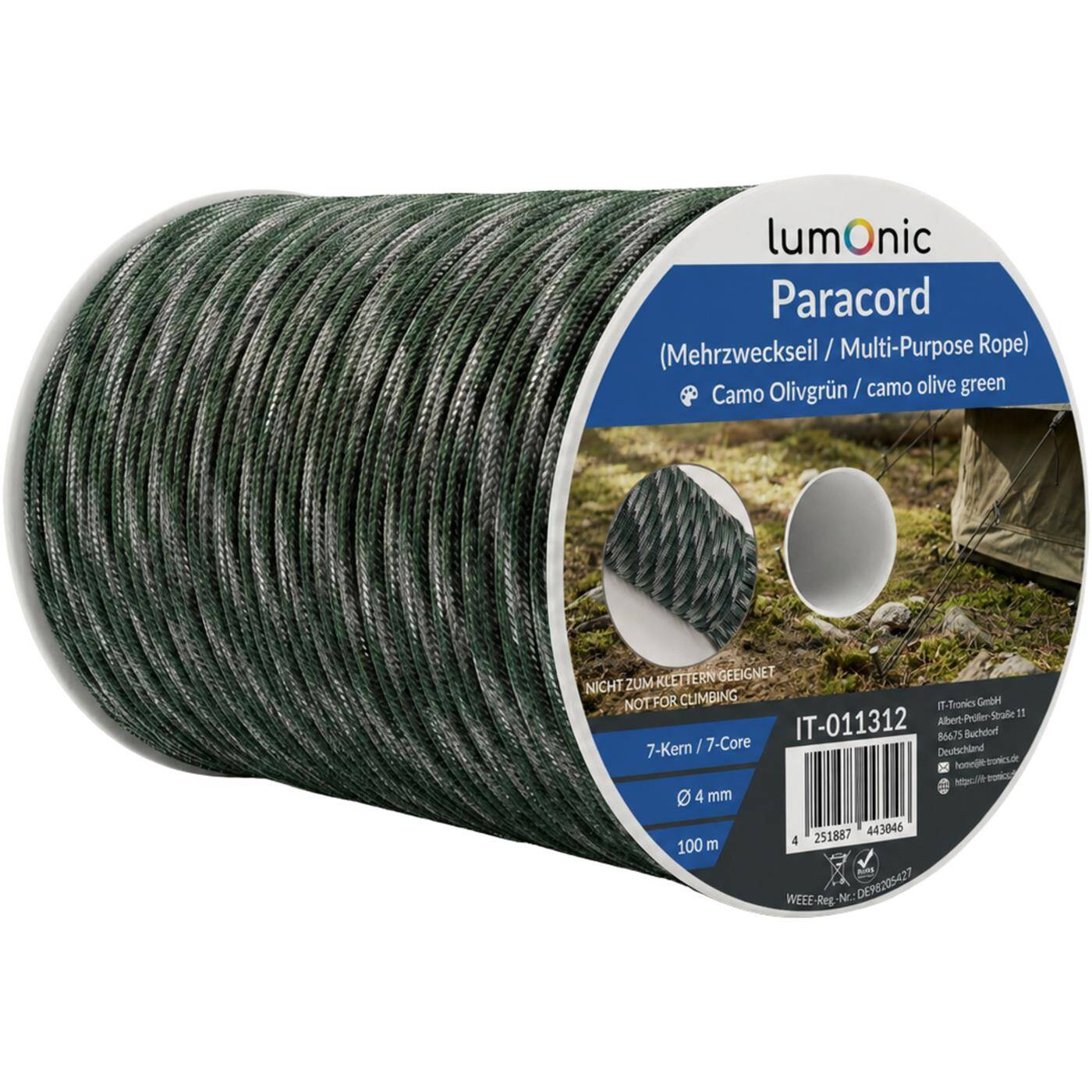 Lumonic 100m Paracord 4mm Camo olive green | 100% nylon | 7 cores, 32 strand sheath | Max. 125 kg load capacity | Dog Leash, Bracelet, Outdoor, Bushcraft, Tent Cord, Macramé