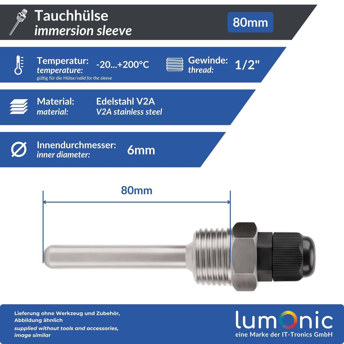 Lumonic Immersion sleeve V2A stainless steel 1/2 inch | 80mm Installation length | Perfect fit for 6mm temperature sensors | for buffer storage, heating, solar + smart home