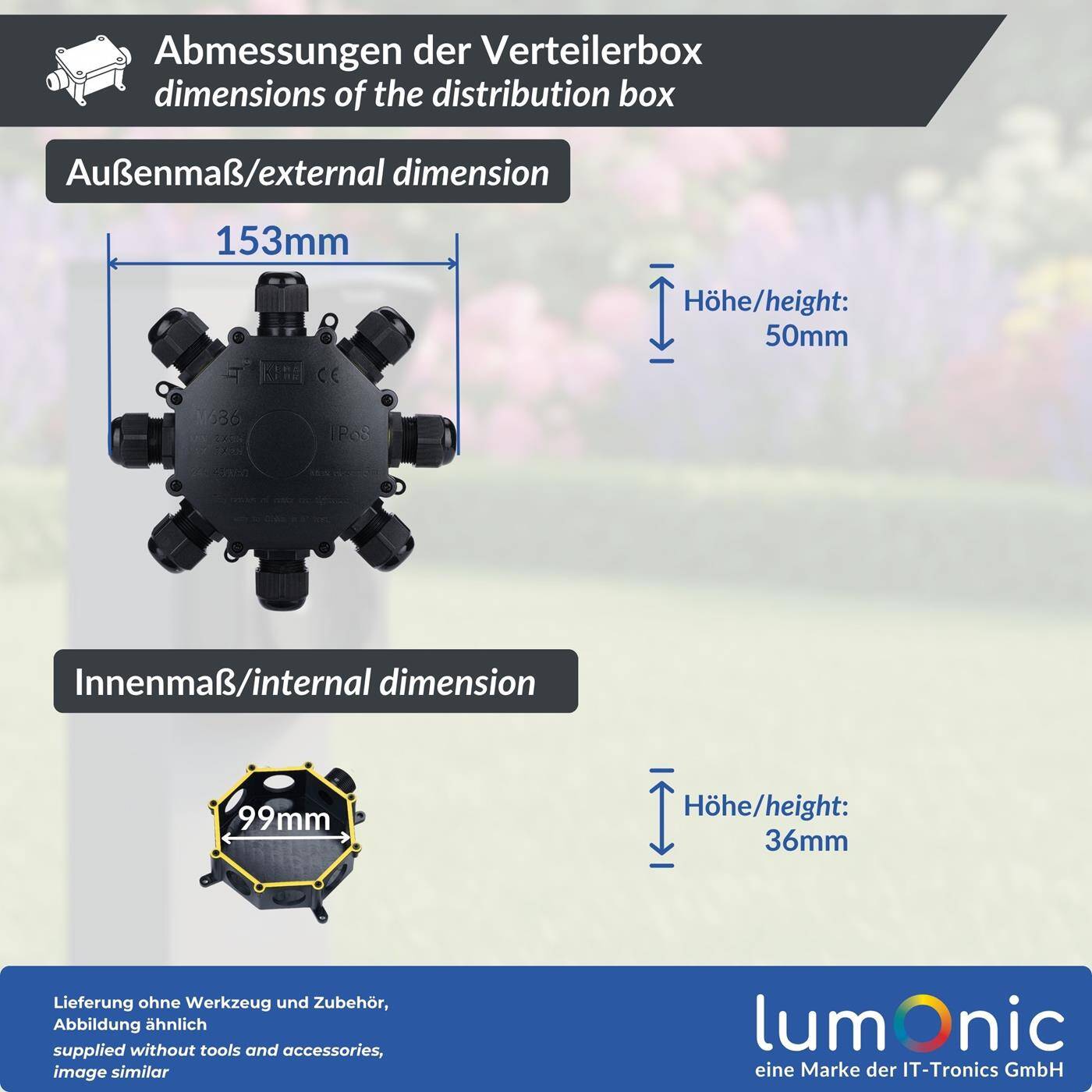 Lumonic 8-way junction box waterproof IP68 | Fast, secure cable distribution | for cables 0.5-4mm² | UV-resistant, -40°C to+ 105°C | Junction box for outdoor, garden, underground cable