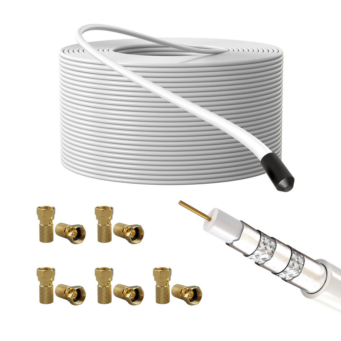 Lumonic Antenna cable RG6 135dB 50m + 10x F-plug | 5-fold shielding - no more picture interference | SAT cable, coaxial cable Internet, TV cable