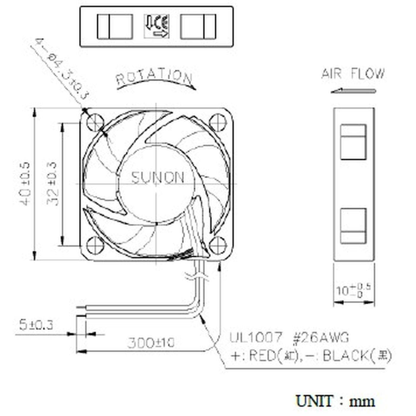 Fan 12V DC 0,38W 40x40x10mm 9,2m³/h 5000U/Min 9,2m³/h Sunon HA40101V41000UA99