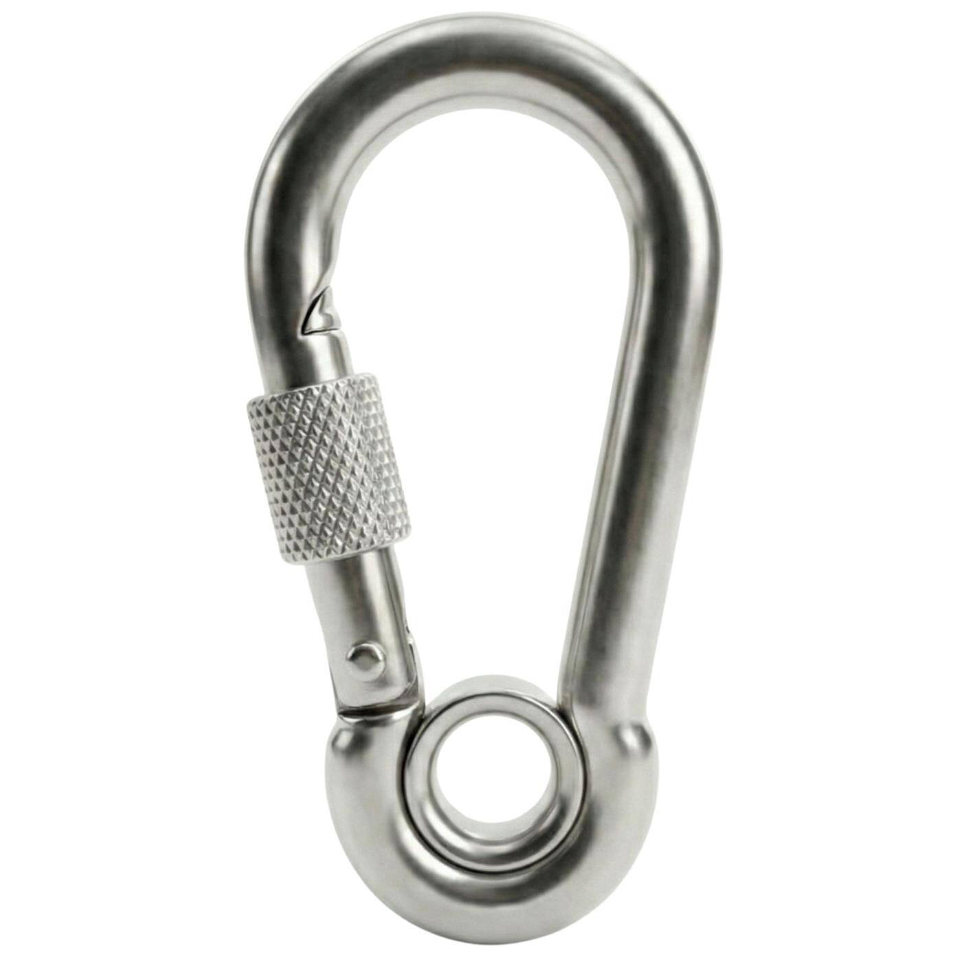 Lumonic Carabiner with safety catch + eye V4A stainless steel | 8x80mm | Stainless + seawater resistant | Prevents twisting + no accidental opening | for awnings, hammocks, dogs, camping
