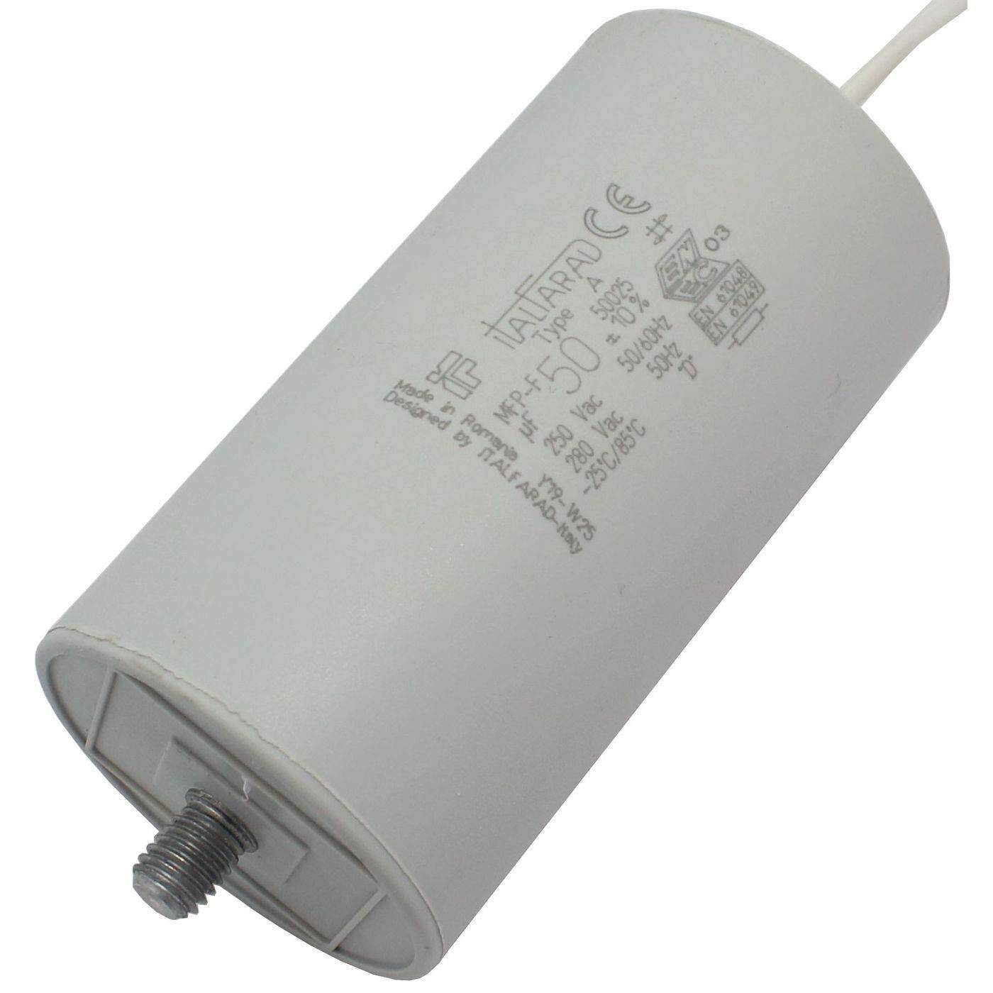 Kondensator 50µF 250V 50x96mm Kabel 25cm Italfarad 50uF