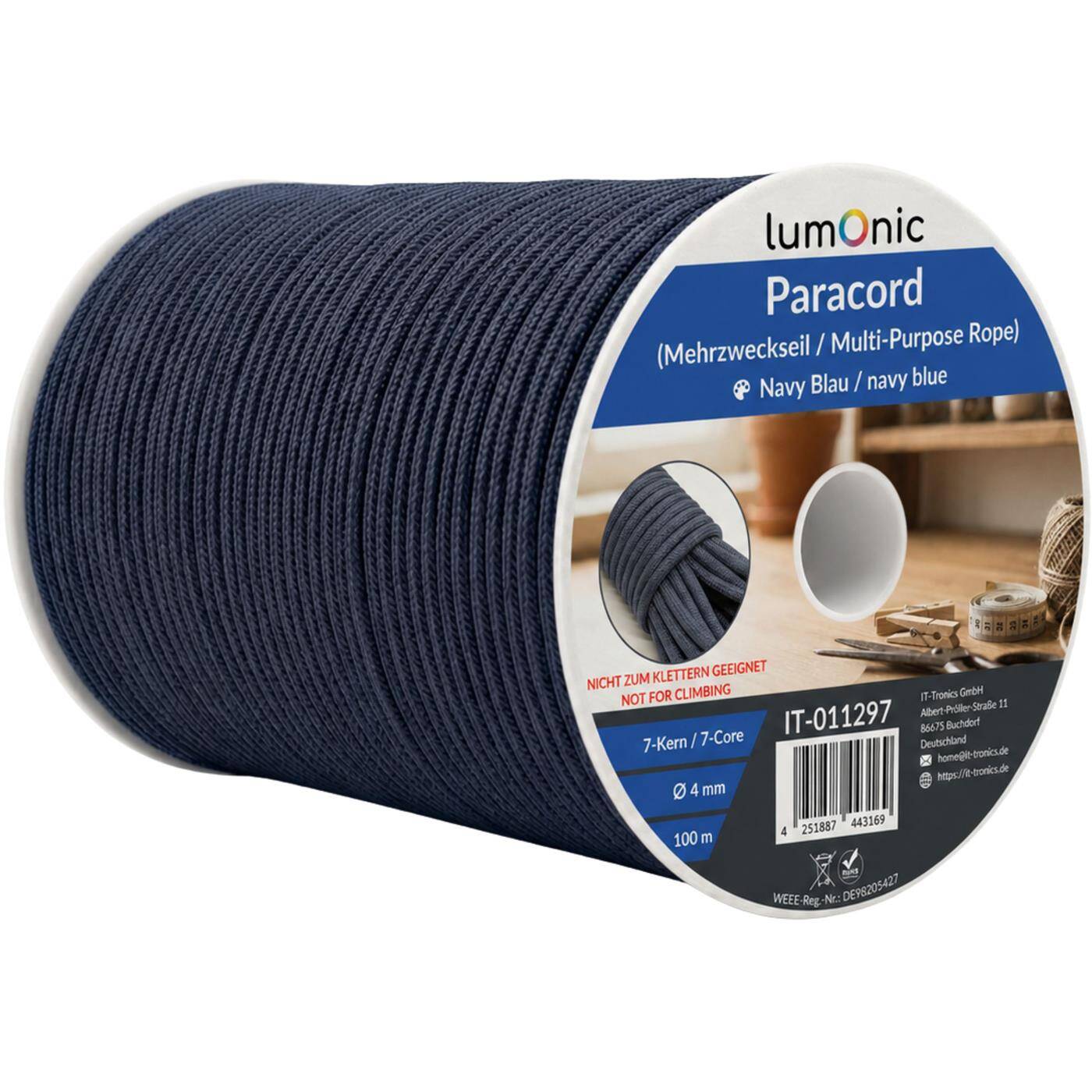 Lumonic 100m Paracord 4mm Navy blue | 100% nylon | 7 cores, 32 strand sheath | Max. 125 kg load capacity | dog leash, bracelet, outdoor, bushcraft, tent cord
