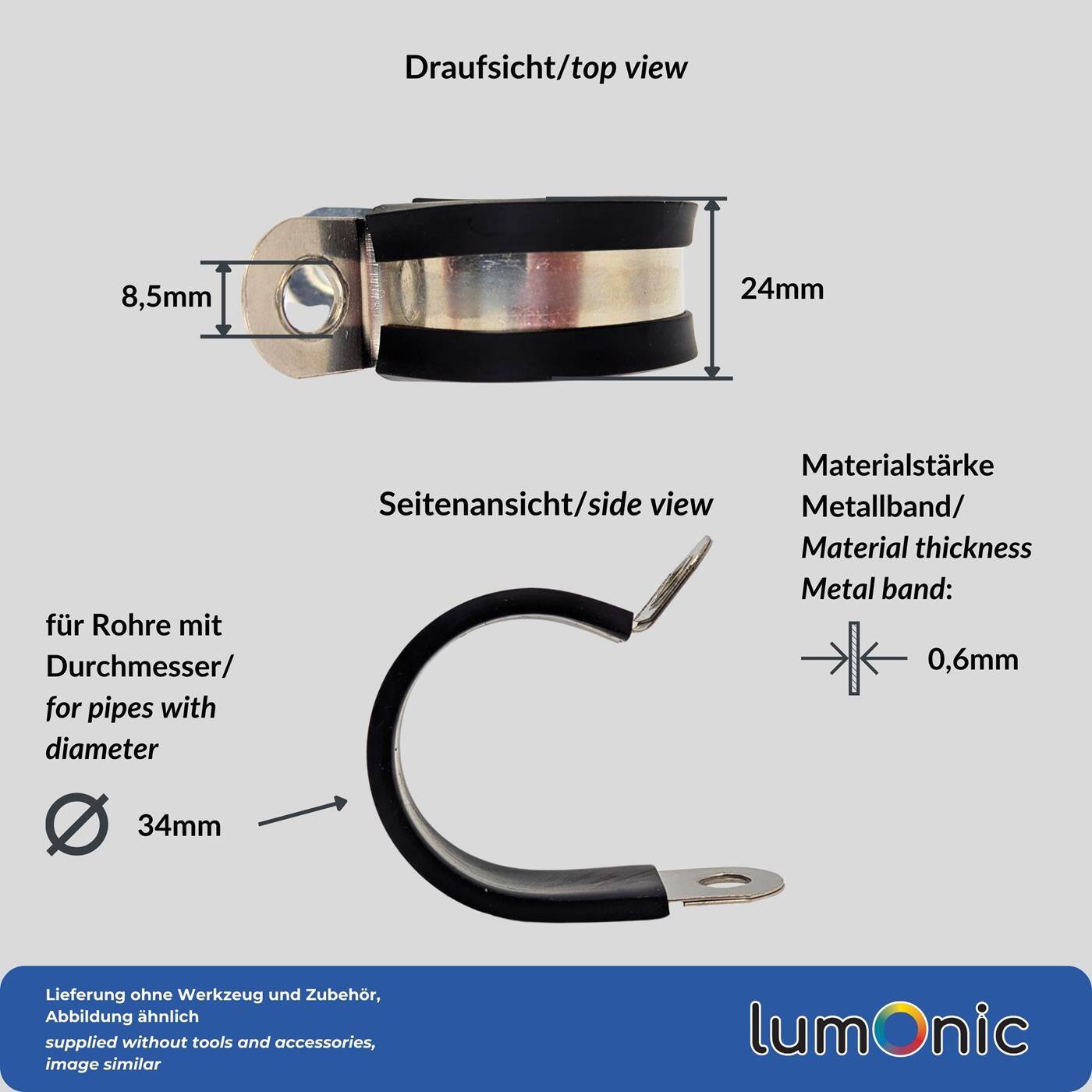 10x P-Clip Leitungsschelle Edelstahl V2A mit Gummi 34mm Rohrschelle Befestigungsschelle