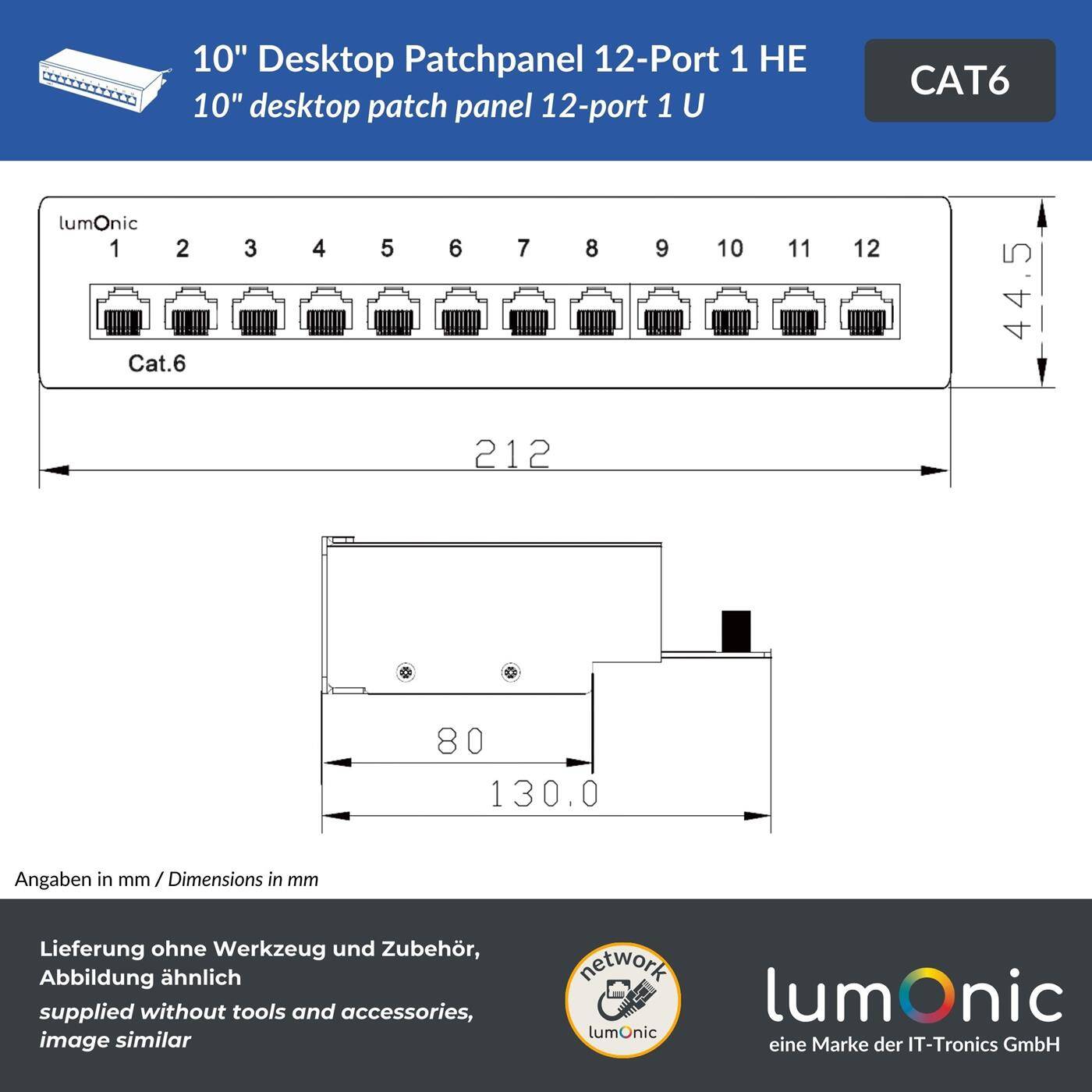 Lumonic 10" Patchpanel Desktop CAT6 | 12 Port, 1HE mit Beschriftungsfeld | LSA-Montage, T568A/B farbcodiert | freistehend, Wandmontage | geschirmtes schwarzes Patchfeld | 1 Gbit/s + PoE
