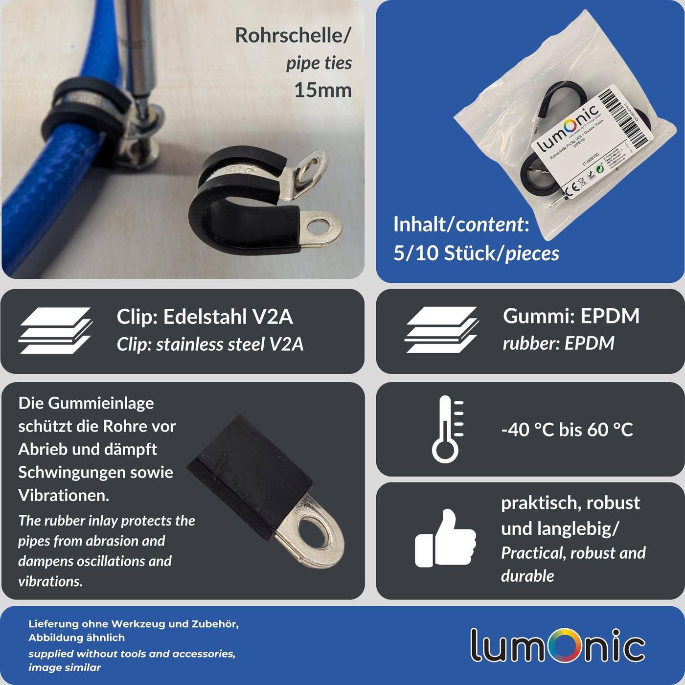 Lumonic 5x 15mm Rohrschellen mit Gummieinlage Edelstahl V2A I Kabelschellen zum Schrauben I Schlauchschelle 15mm, Rohrschellen, Befestigungsschelle 15mm, Rohrhalterung