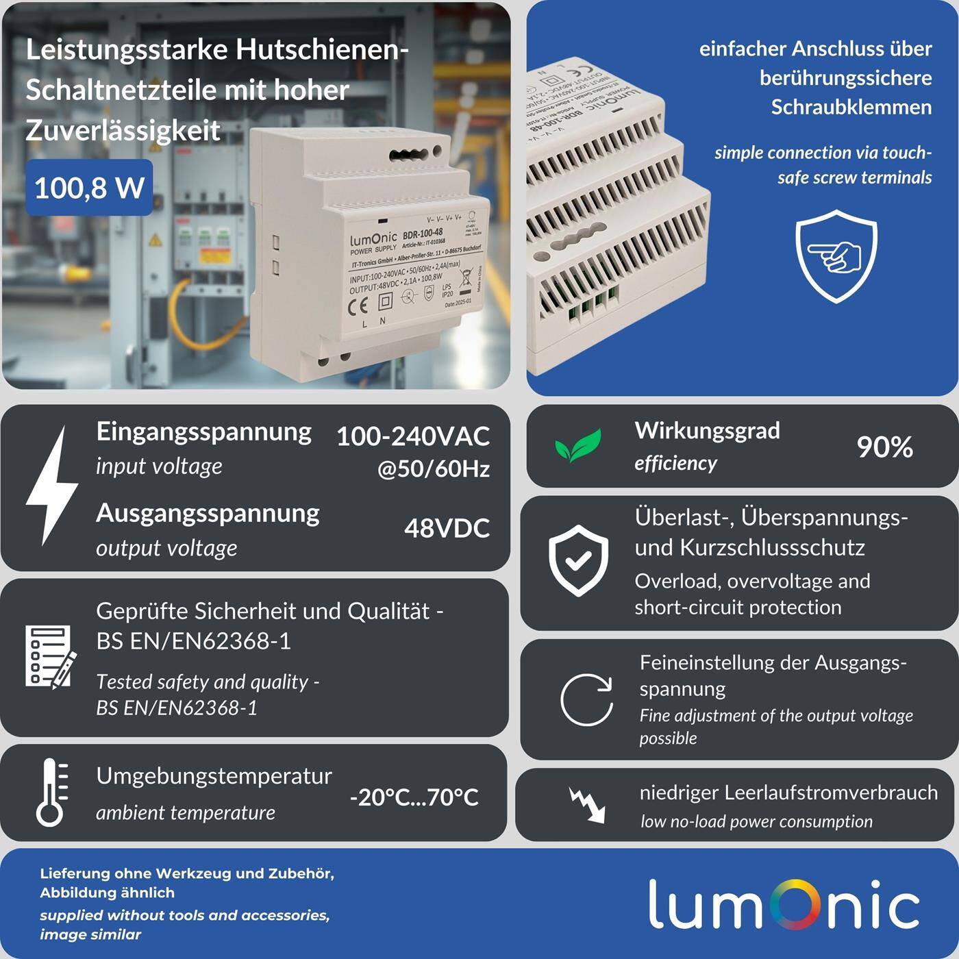 Lumonic I Netzteil Hutschiene BDR-100-48 I 48V / 100,8W I Input 100-240VAC I Überlastschutz & kurzschlussfest I DIN-Rail Schaltnetzteil I Schaltschrank & Verteilerkasten