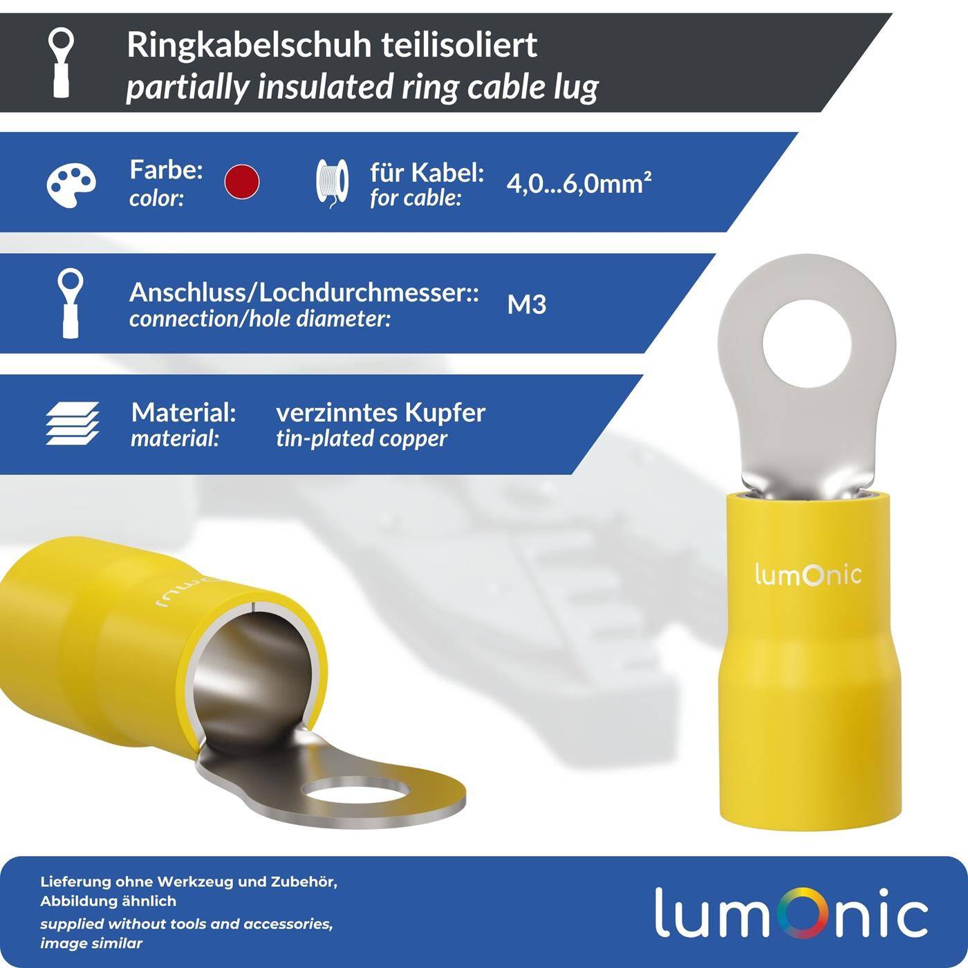 Lumonic 25x Ringkabelschuh 4,0-6,0mm² teilisoliert | M3 | Kupfer verzinnt | sichere Kabelverbindung ohne Löten | Set, Crimp-Kabelschuh, Quetschverbinder, Ringöse | KFZ, Maschinenbau, Wohnmobil, Batterie