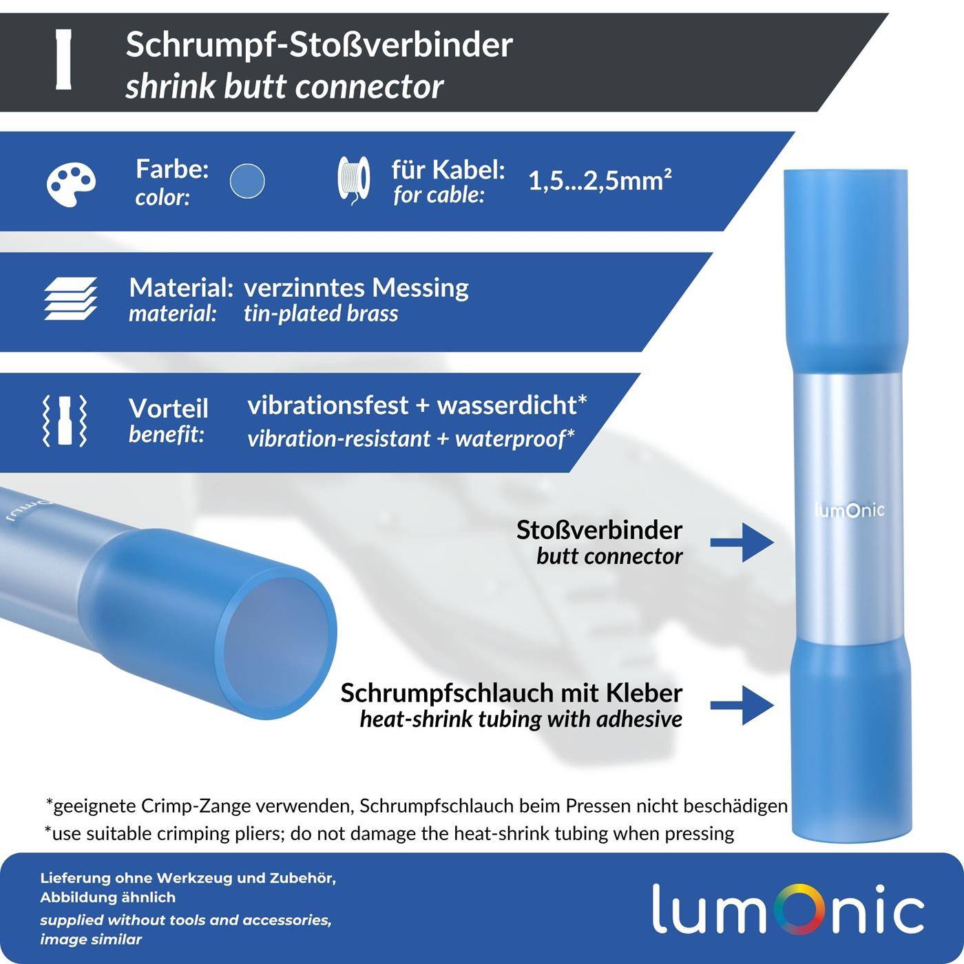 Lumonic 25x Shrink-fit butt connectors Waterproof | 1,5-2,5mm² Blue | without soldering | Cable connector with heat-shrink tubing + adhesive for automotive, garden &amp; electrical applications | for cable repair
