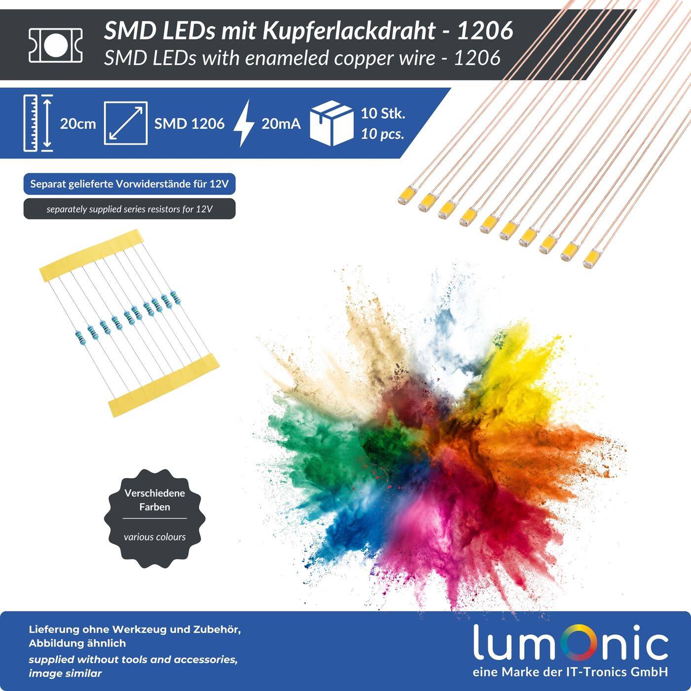 Lumonic 10x Superhelle LEDs vom Typ SMD 1206 - High Power LEDs mit Anschlussdraht zum selber Löten DIY in Farbe Grün - Durchmesser: 3,2x1,6mm