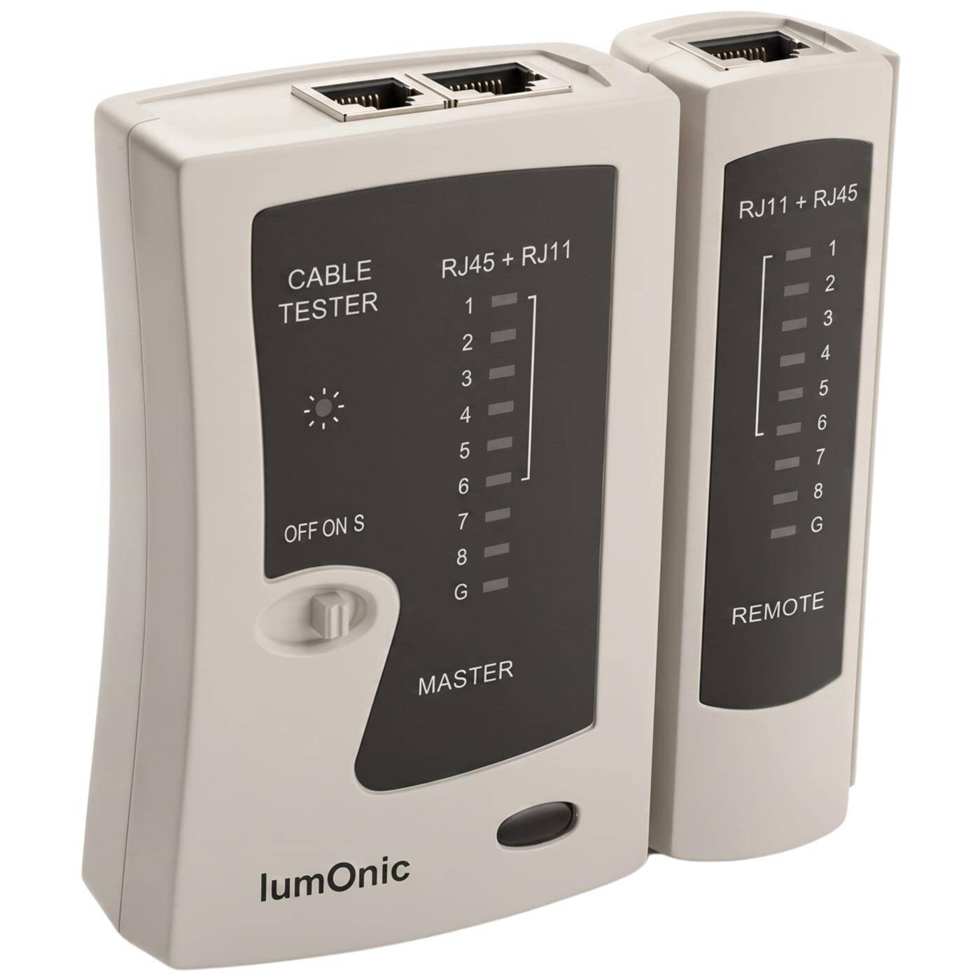 Lumonic Network tester with remote unit for RJ45 and RJ11, white - Master and remote units for Ethernet cables, RJ45 and RJ11, continuity tester, LAN tester, network cable tester