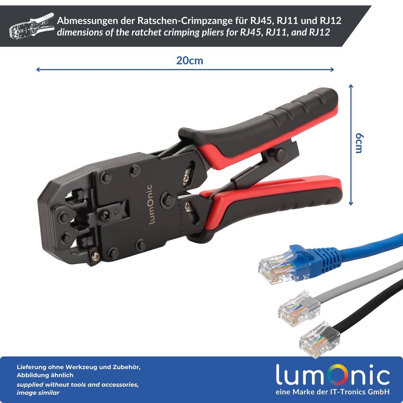 Lumonic Ratchet Crimping Pliers for RJ45, RJ11, and RJ12 - Ratchet mechanism, metal body, RJ45, RJ11, and RJ12, for all CAT classes, network and telephone