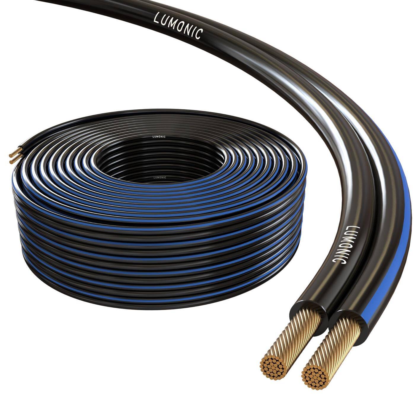 Lumonic Lautsprecherkabel | 50m Schwarz | 2x 4mm² CCA | blaue Markierung HiFi Boxenkabel | Audio Zwillingsleitung