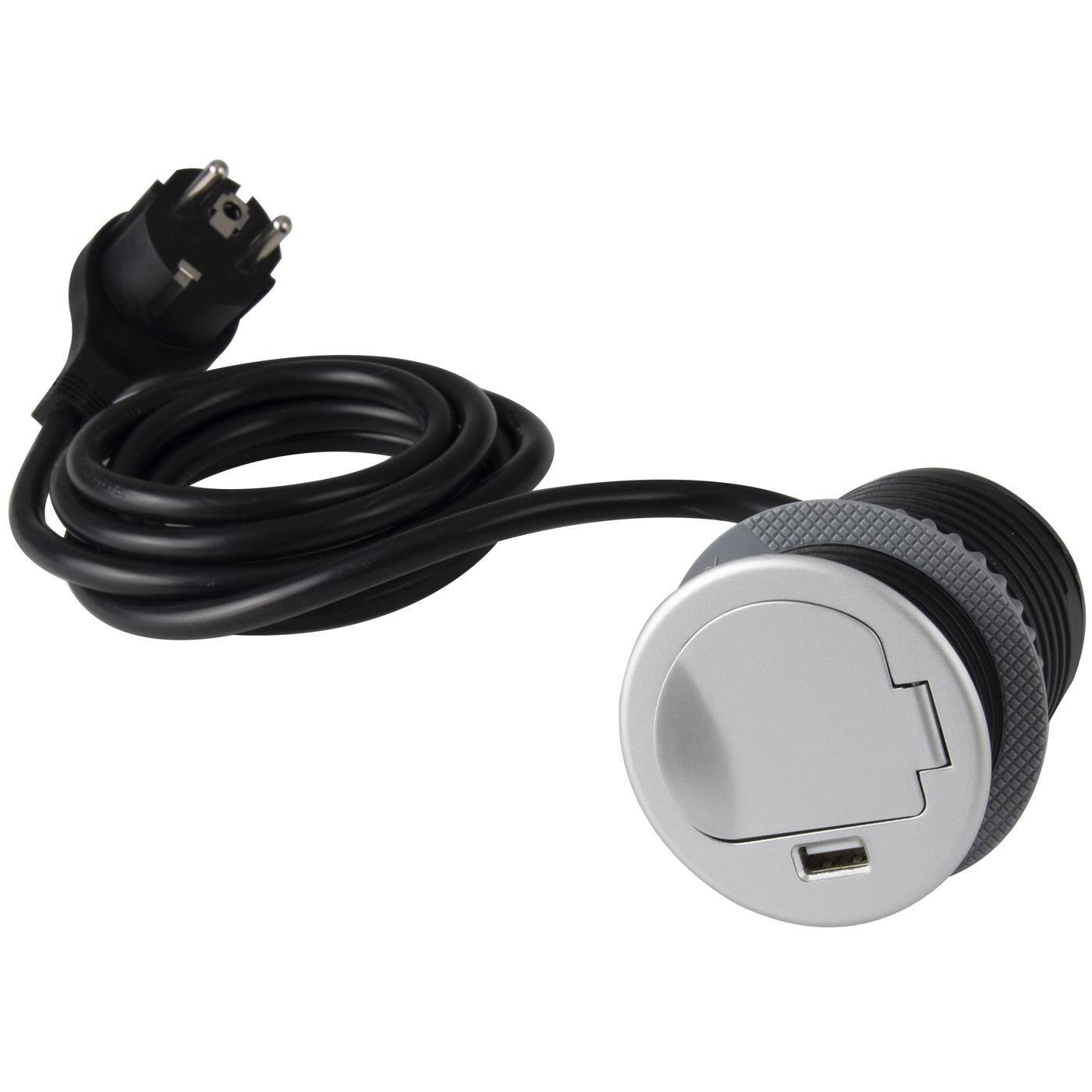 SingleBox Protective contact Socket outlet + USB 2,4A Table socket outlet Drill hole 68mm Aluminium