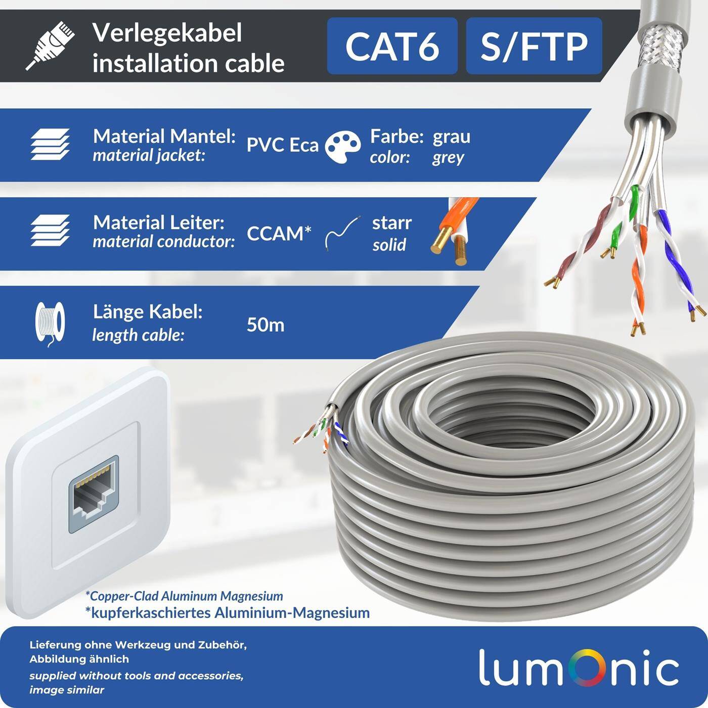 Lumonic LAN Netzwerkkabel 50m | LAN Kabel CAT6 S/FTP | Verlegekabel 4x 2x AWG24/1 (starr) | 250MHz 10 Gbit/s Ethernet