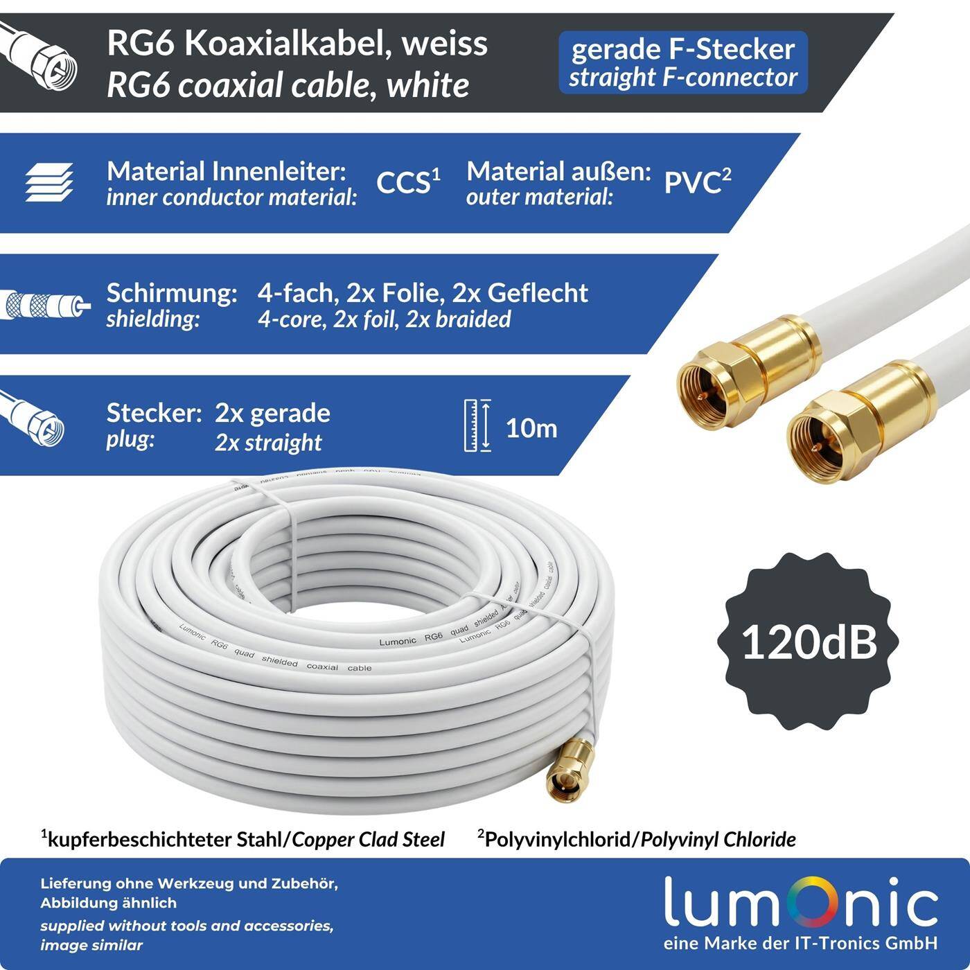 Lumonic 10m Antenna cable RG6 | Gold-plated straight F plugs | White | 4-fold shielded 120dB | ready-made | Coaxial cable, satellite cable, DVB-T2, cable internet