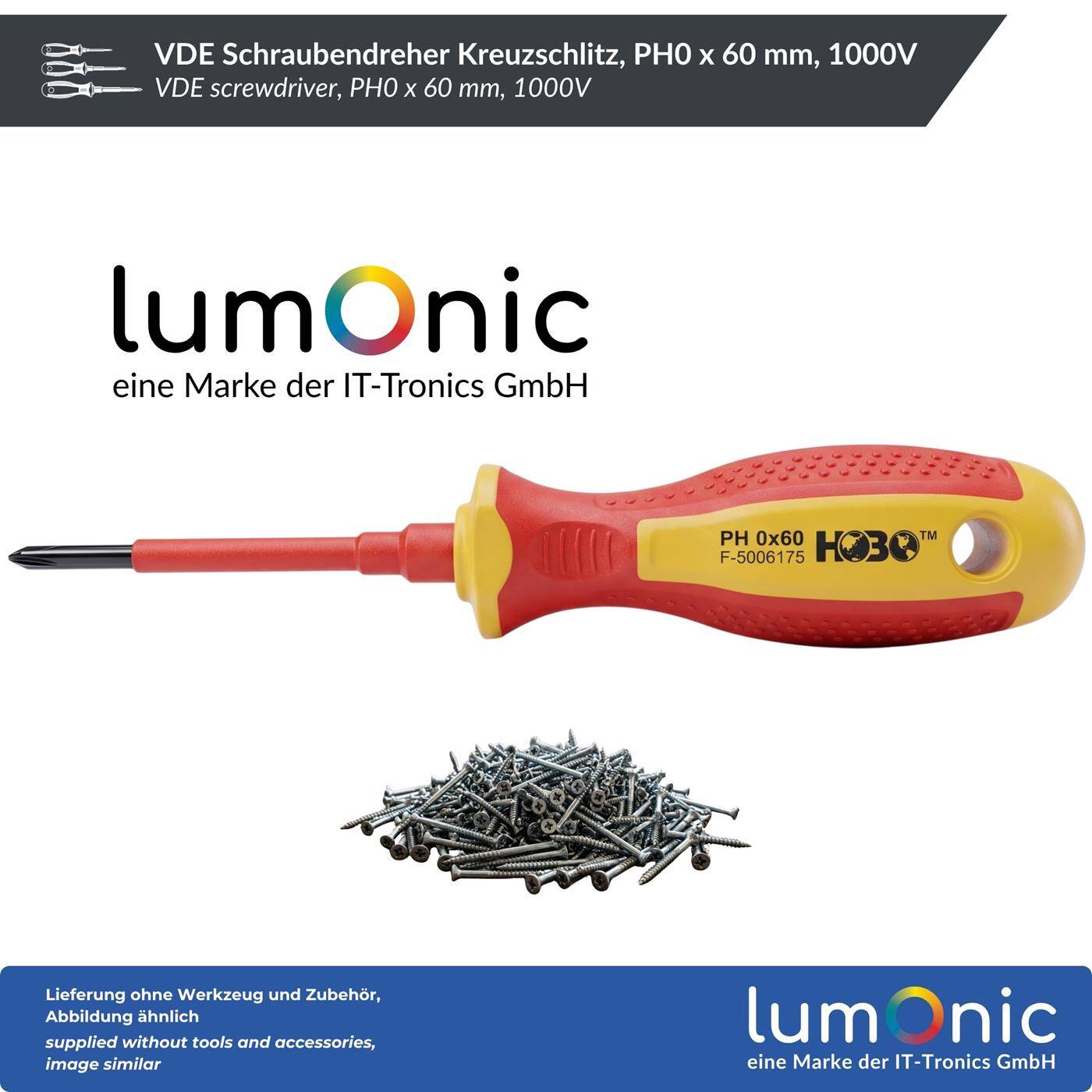 Lumonic VDE Phillips Screwdriver PH0 x 60 mm, 1000 V – S2 steel, burnished, magnetic tip, two-component handle, for electrical installations and control cabinets