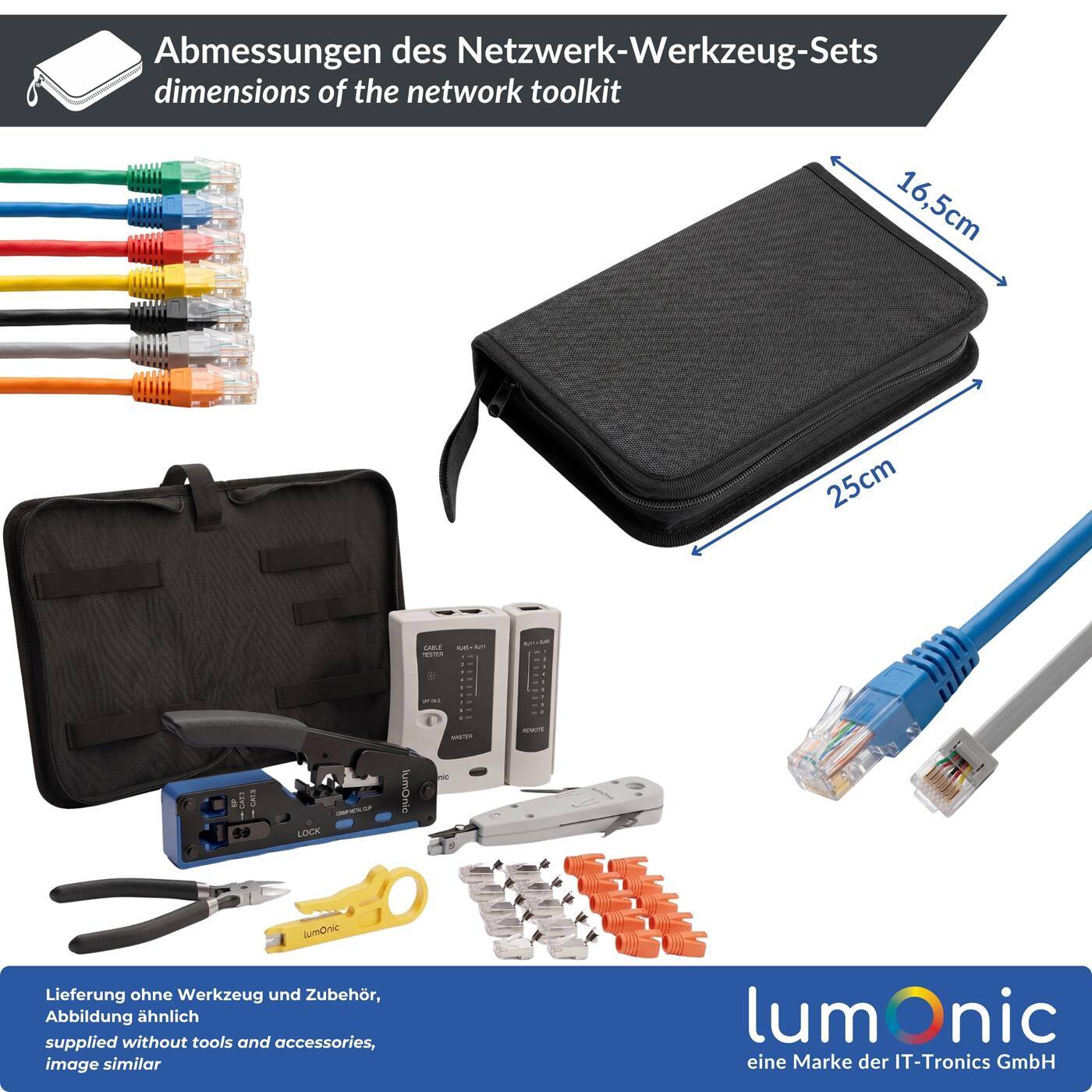 Lumonic Netzwerk-Werkzeug-Set mit Crimpzange und Netzwerktester - Pass-Through-Crimpzange und -Stecker, LSA-Auflegewerkzeug für Krone und 110, Netzwerktester RJ45/RJ11, Abisolierwerkzeug