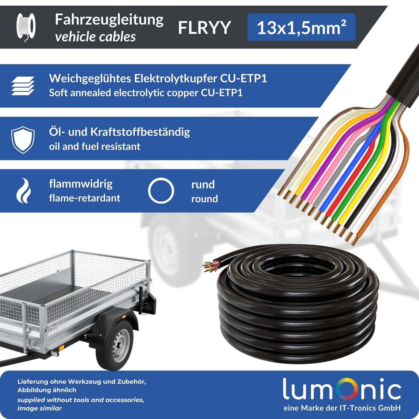 Lumonic 1m FLRYY Fahrzeugleitung 13x1,5mm² schwarz | 13-adrig | Anhängerkabel | mehradriges KFZ-Kabel | Öl- und Kraftstoffbeständig, flammwidrig | Niedervolt