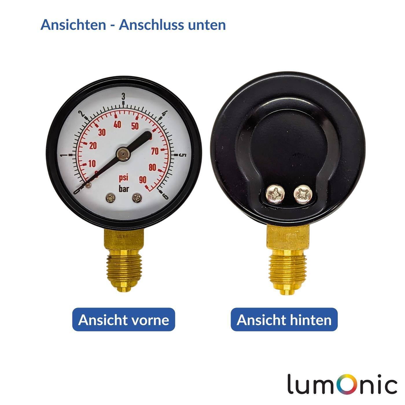 Lumonic I Manometer 0-10bar I 1/4 Zoll I Klasse 2,5 I Anschluss unten I Durchmesser 50mm I Druckmesser I für Druckluft und Wasser