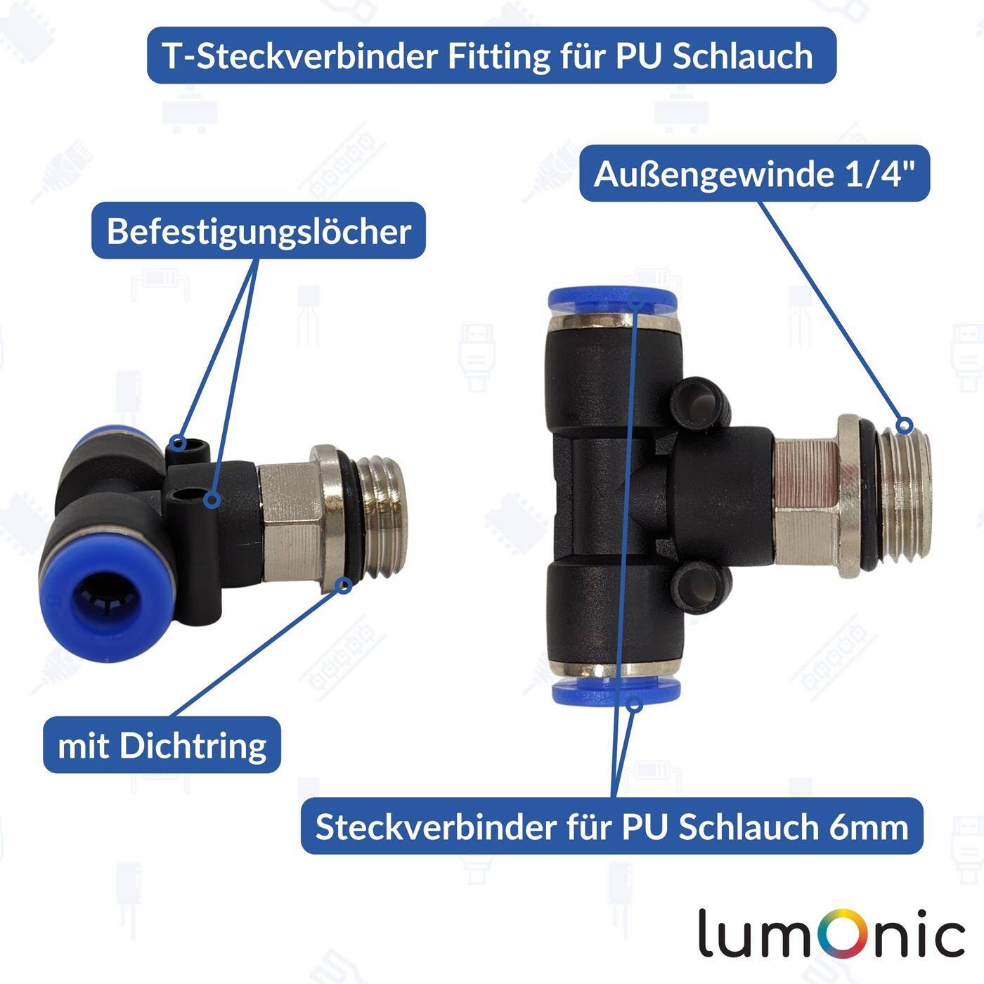 PU Schlauch T-Steckverbinder Fitting mit Außengewinde 6mm*1/4Zoll T-Stück Push-in pneumatischer Steckverbinder T-Verteiler Druckluft & Automatisierung