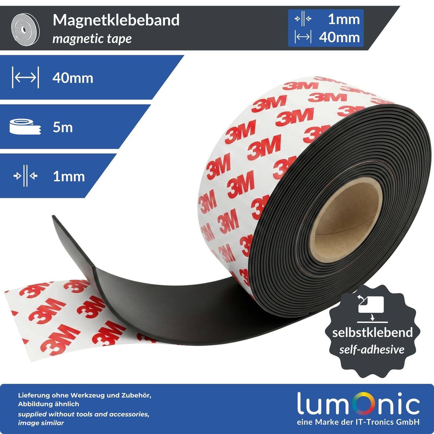 Lumonic 5m Magnetic tape | 40x1mm | Flexible, self-adhesive, can be cut to size, without drilling | Fly screen, school and blackboard