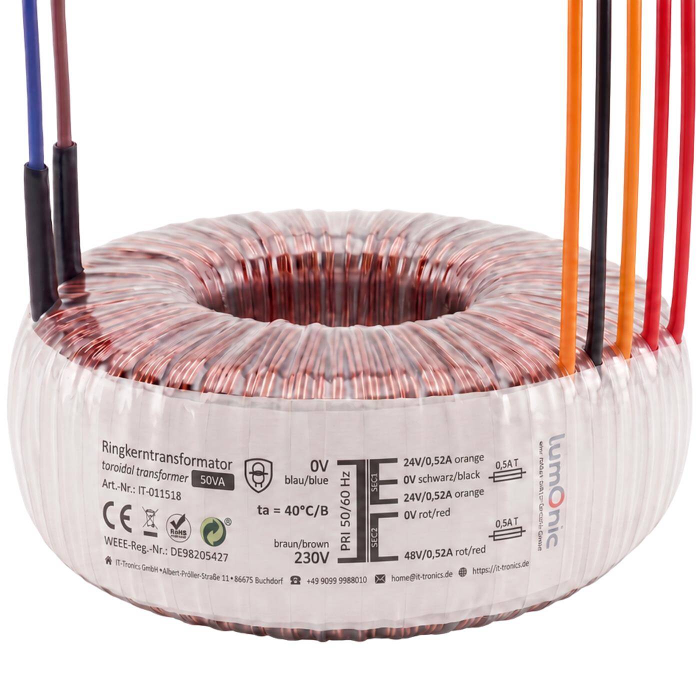 Lumonic Toroidal Transformer, 50 VA, 2x 24 V + 48 V, 230 V - Toroidal transformer, 230 V primary, 2x 24 V + 48 V simultaneously, for amplifier construction, power supplies, lighting