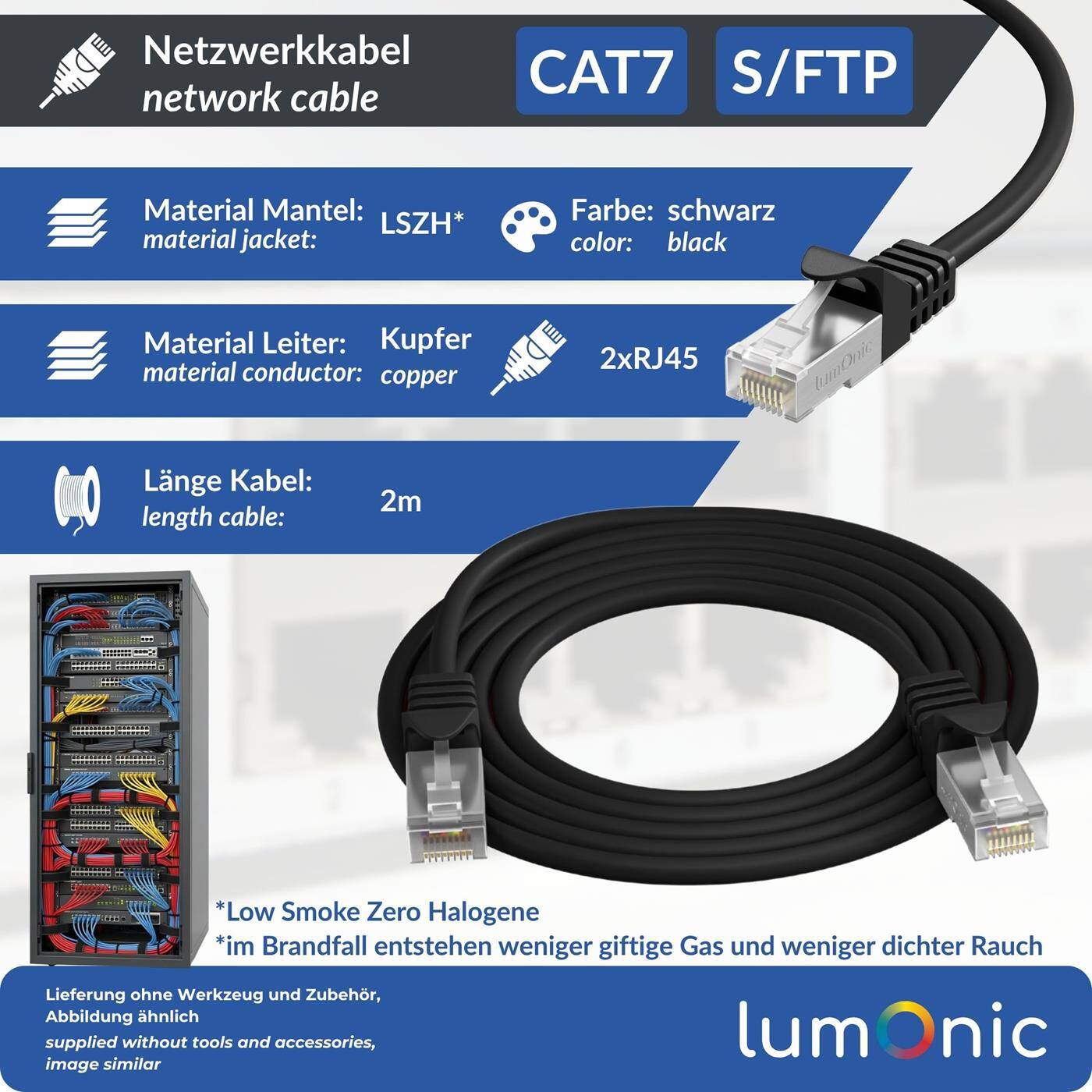 Lumonic CAT7 Patchkabel S/FTP 2m | RJ45 | Schwarz | Ethernet LAN | Netzwerkkabel