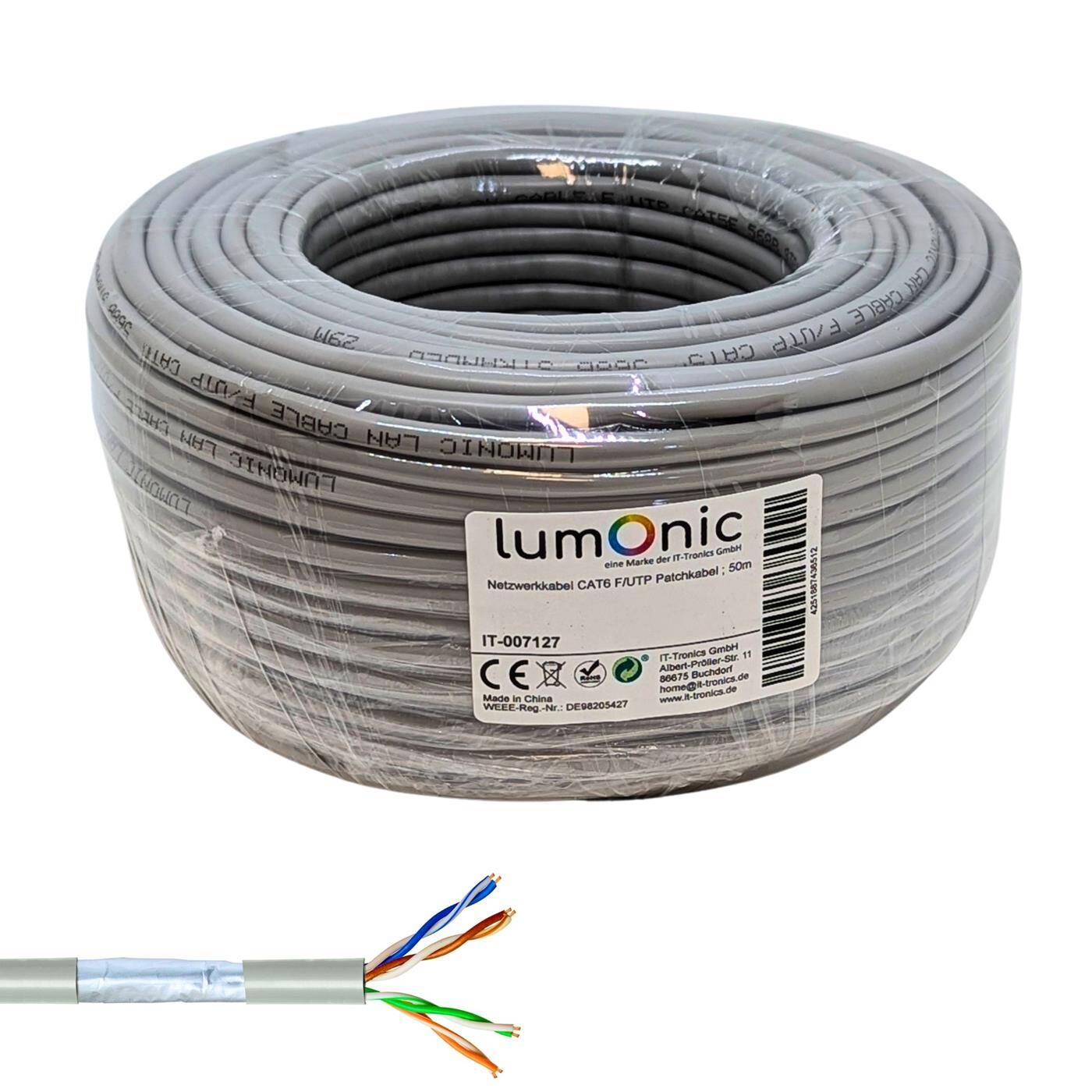 Lumonic 50m Network cable CAT 6 F/UTP I Cat6-cable, Gigabit Lan Cable, Ethernet Cable I Flexible patch cable shielded, for indoor use up to 250 MHz