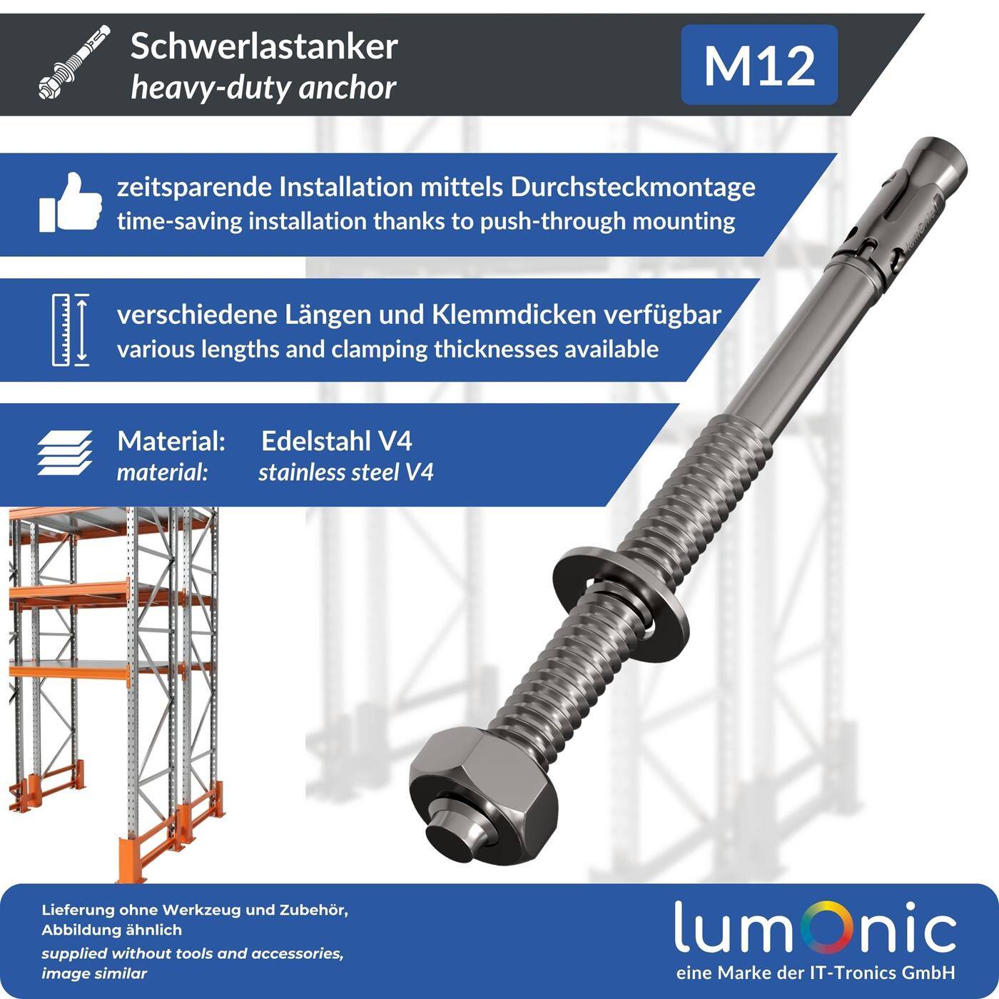 Lumonic Schwerlastdübel M12 x 145mm | hochwertige Edelstahl V2A Keilanker | Durchsteckmontage,  | Betonanker, Schwerlastanker | für Überdachungen, Geländer, Regale, Trennwände