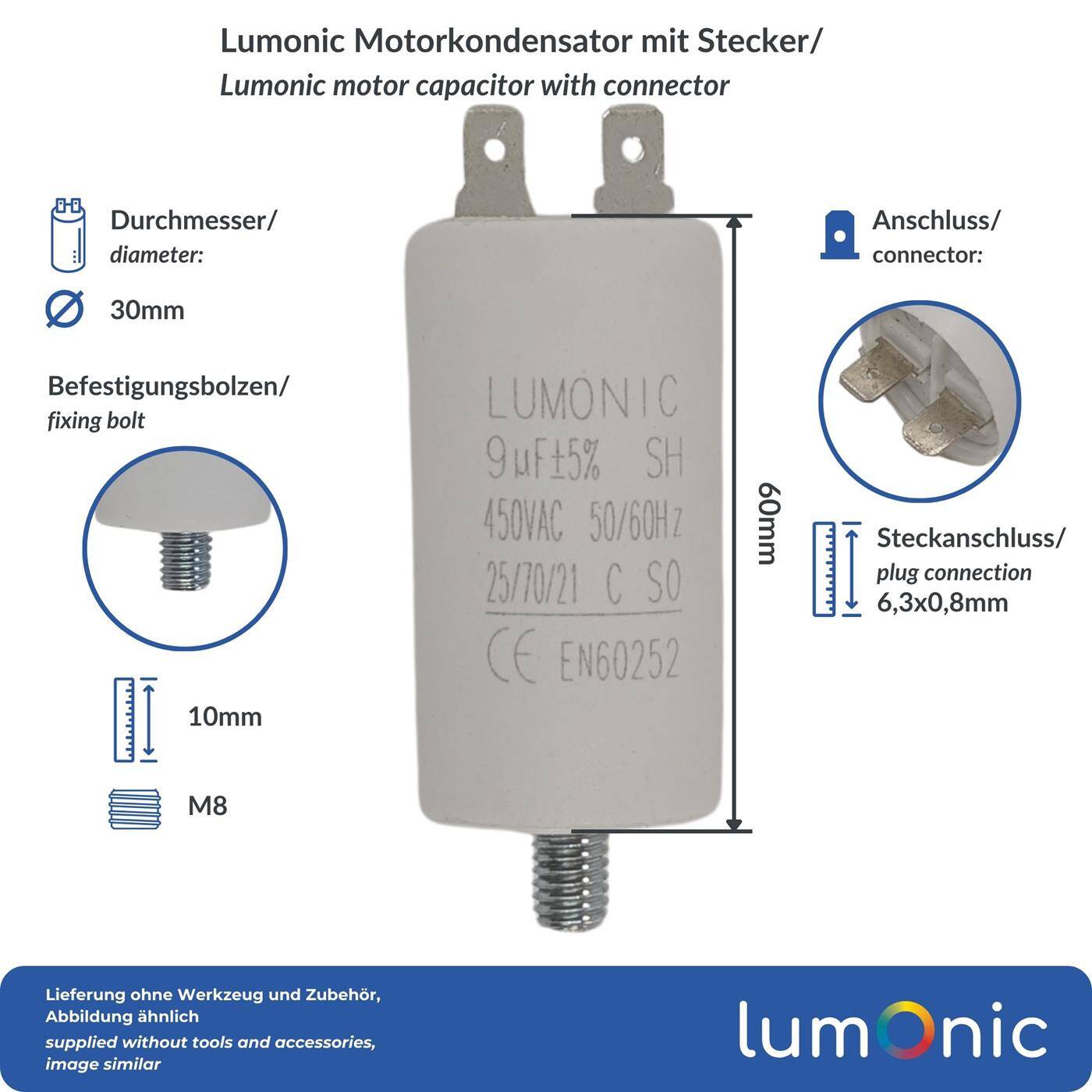 Lumonic Anlaufkondensator 9µF 450V | mit Stecker I 30x60mm I 9uF I Motorkondensator mit Kunststoffgehäuse I Betriebskondensator I für Pumpen, Rasenmäher, Werkzeuge