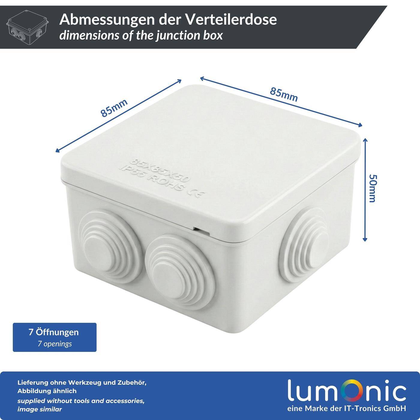 Lumonic Verteilerdose weiß 85x85x50mm mit 7 Öffnungen I Abzweigdose Aufputz - IP55 I Verbindungsdose, Klemmdose, Abzweigkasten für Innen & Außen
