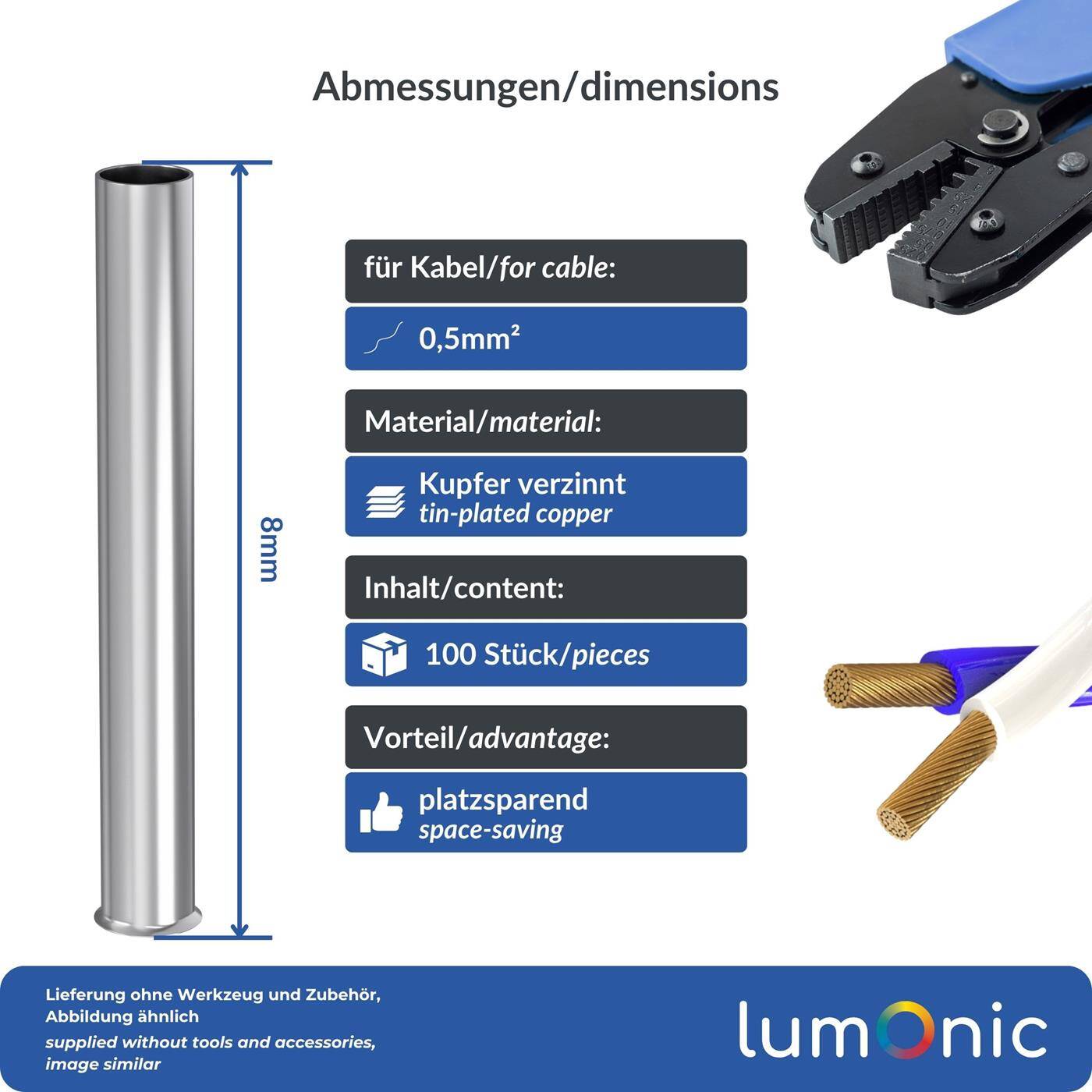 100x Aderendhülse blank 0,5mm² Kupfer verzinnt 1x8mm Hülse