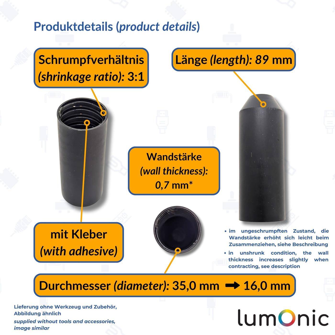 1 Stück Warmschrumpf Endkappe mit Kleber I 35 -> 16mm I schwarz I Verhältnis 3:1 I vernetztes Polyolefin I Schrumpfkappe I für Kabel, Rohre und Seile