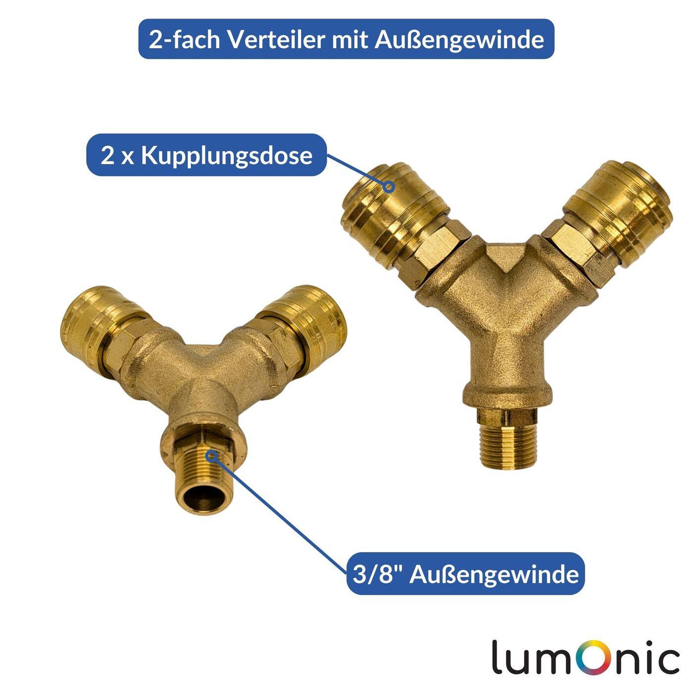 Compressed air distributor 2-fold with external thread 3/8" made of brass Compressed air distributor Compressed air diverter Quick coupling Multiple distributor for workshops, businesses and DIY enthusiasts
