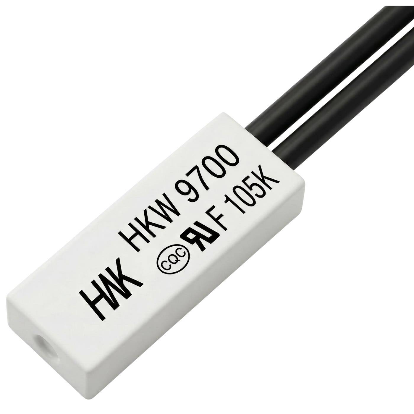 Lumonic HKW9700 Temperaturschalter flach | 105°C ± 5°C | Schließer NO | max. AC 250V/5A | max. DC 24V/8A | Kabel 70mm | 21x8x4mm | Thermoschalter, Bimetall, KSD9700 | Motoren, Setzteile, Heizlüfter
