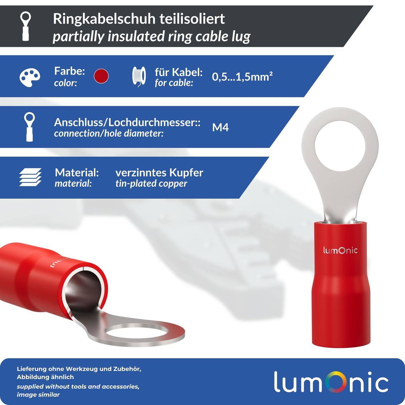 Lumonic 25x Ringkabelschuh 0,5-1,5mm² teilisoliert | M4 | Kupfer verzinnt | sichere Kabelverbindung ohne Löten | Set, Crimp-Kabelschuh, Quetschverbinder, Ringöse | KFZ, Maschinenbau, Wohnmobil, Batterie