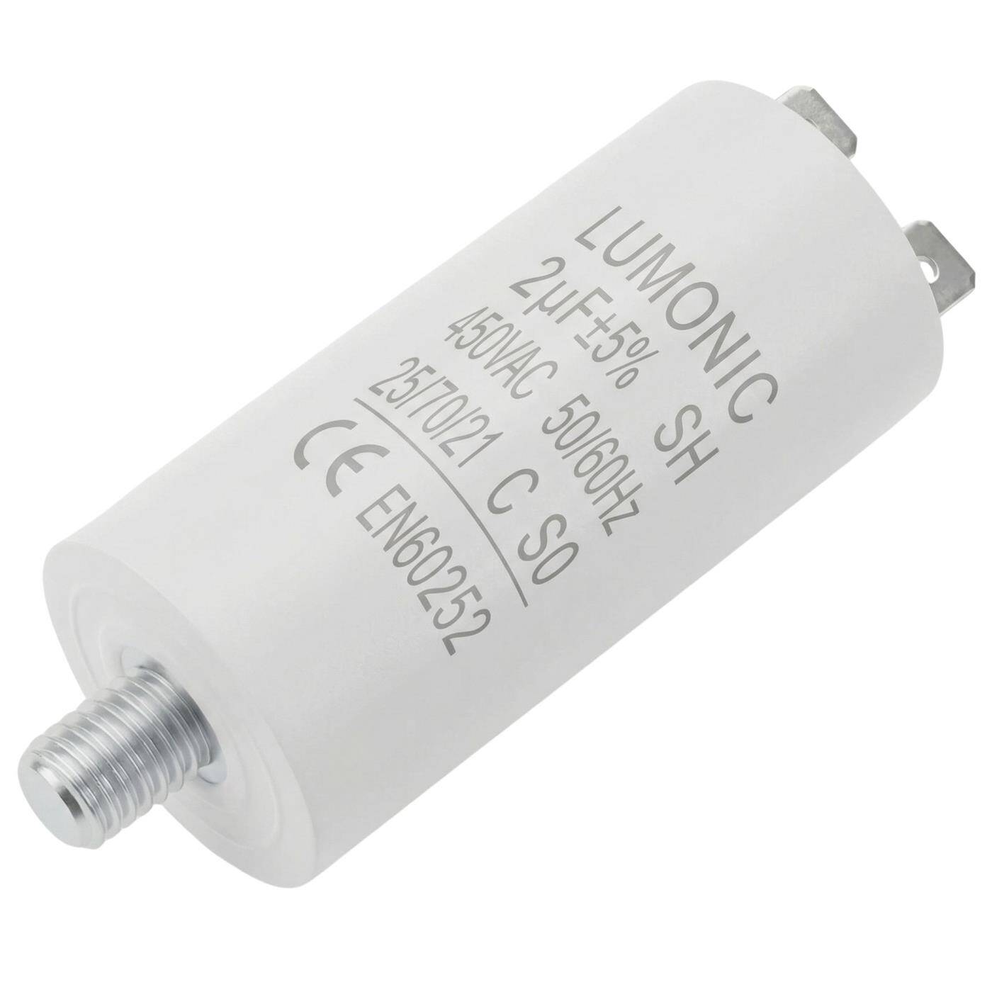 Lumonic Anlaufkondensator 2µF 450V | mit Stecker I 26x55mm I 2uF I Motorkondensator mit Kunststoffgehäuse I Betriebskondensator I für Pumpen, Rasenmäher, Werkzeuge