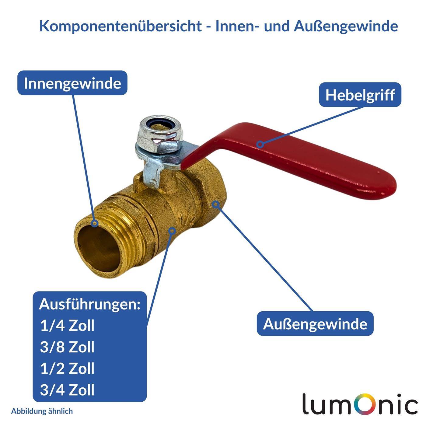 Ball valve round with lever handle 1/8 Customs Internal thread + External thread Corrosion-resistant brass Stopcock for compressed air Workshop
