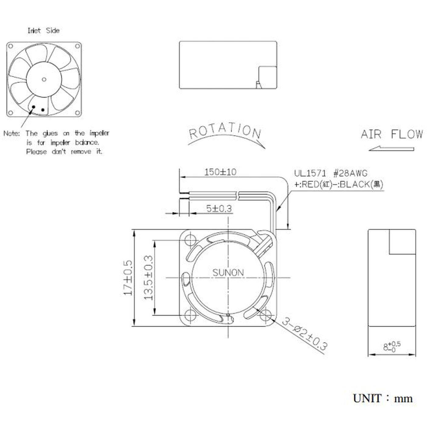 Fan 5V DC 0,8W 17x17x8mm 1,5m³/h 20000U/Min 1,5m³/h Sunon MF17080V11000UA99