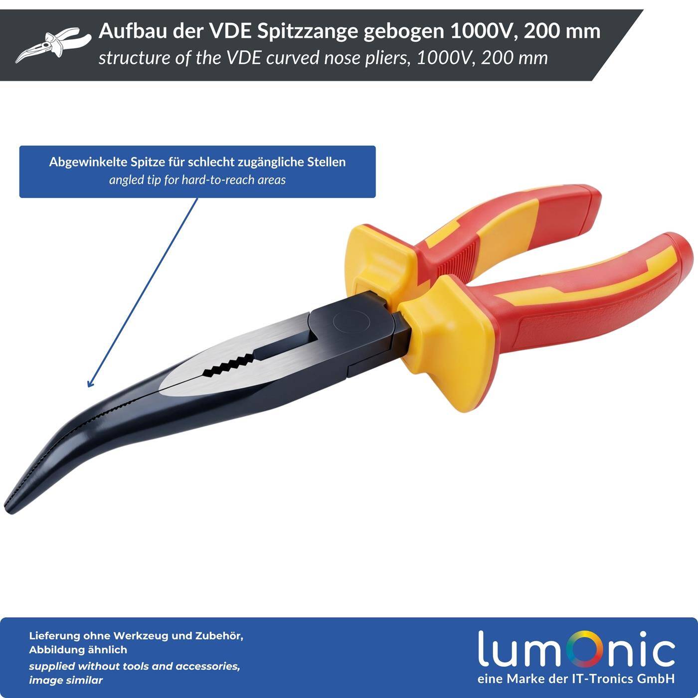 Lumonic VDE Curved Nose Pliers, 1000 V, 200 mm - Angled tips for tight spaces, 60CrV steel, two-component handle, for distribution panels and control cabinets
