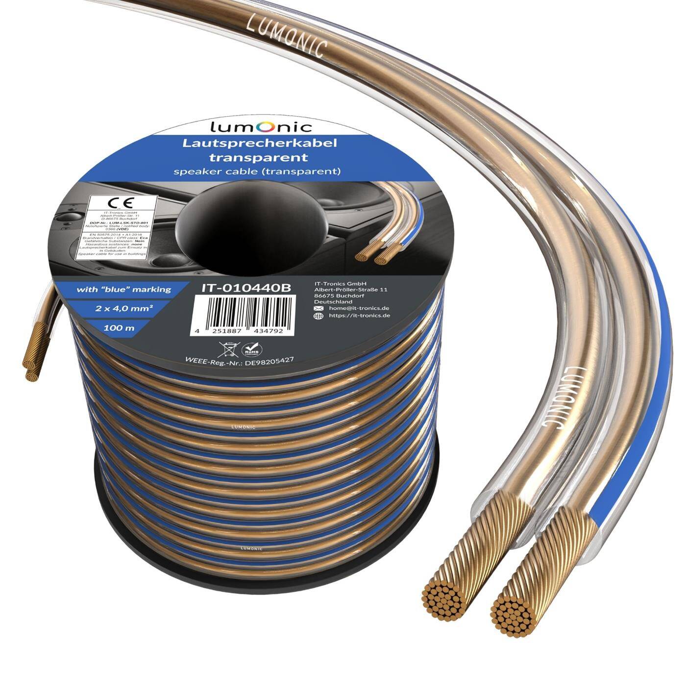 Lumonic Lautsprecherkabel | 100m Transparent | 2x 4mm² CCA | blaue Markierung HiFi Boxenkabel | Audio Zwillingsleitung