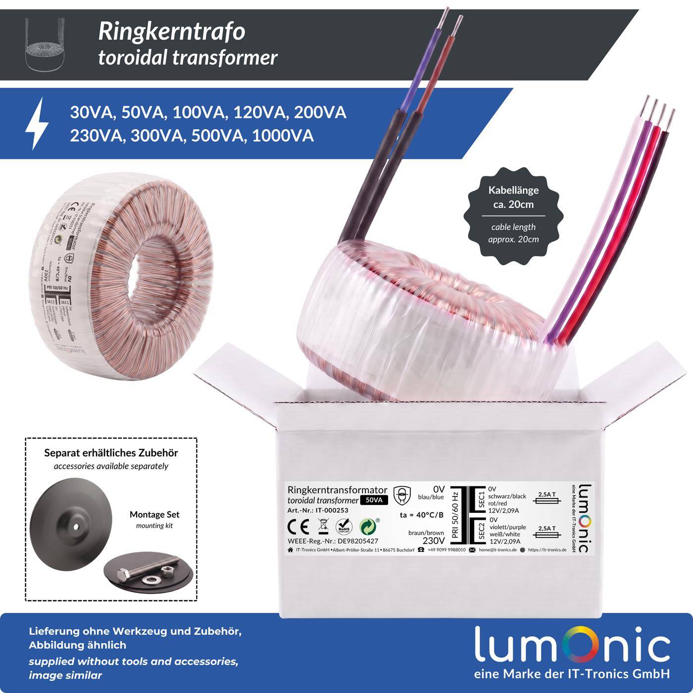 Lumonic Toroidal transformer 50VA | Primary 230V AC | Secondary 2x 9V AC or 1x 18V AC | Humming arm | Transformer for HiFi audio amplifiers