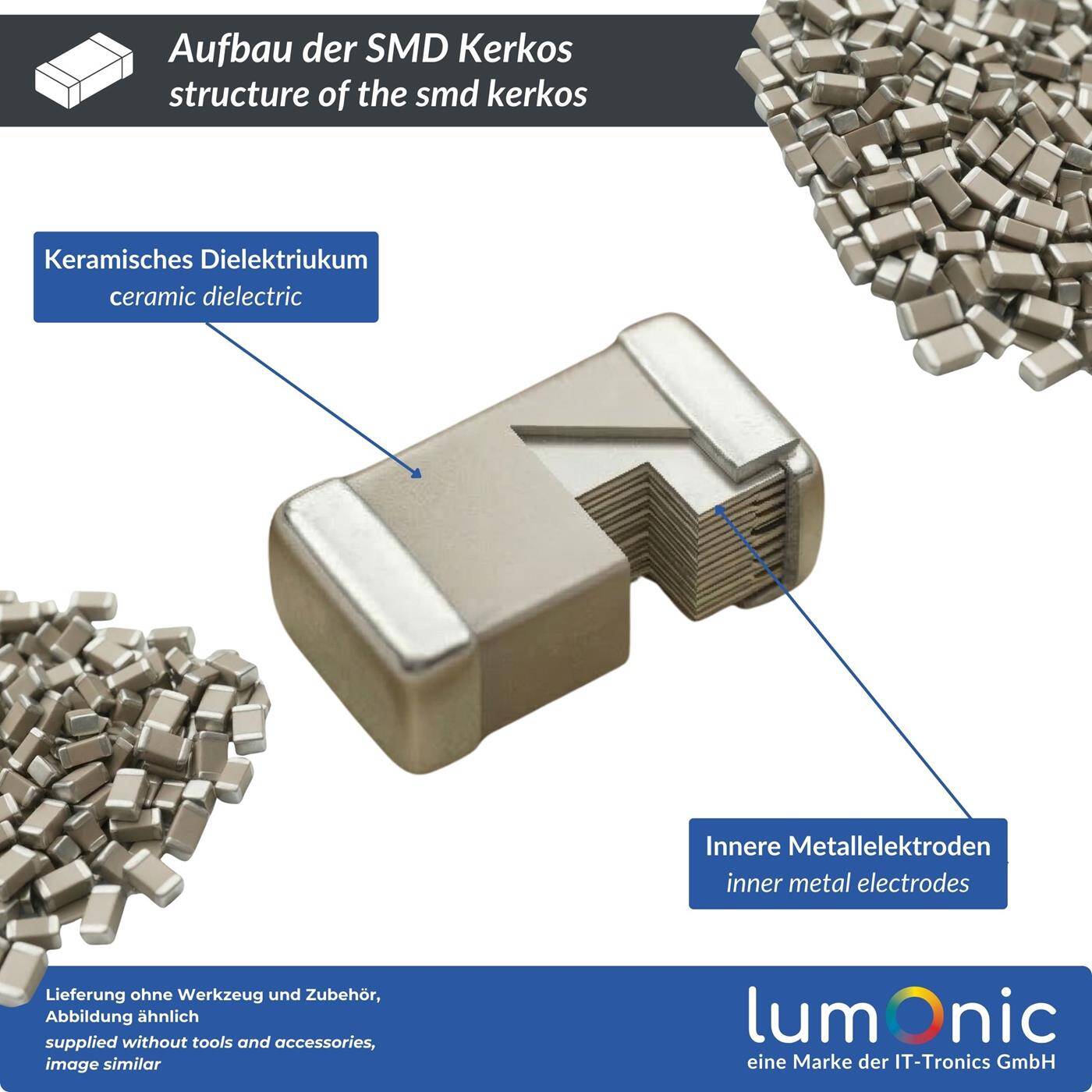Lumonic SMD Keramik Kondensator Set 1206 | 36 Größen 1pF–10µF | 720 Stück | ±5% Toleranz | 200V MLCC | umfangreiches Kerko Sortiment