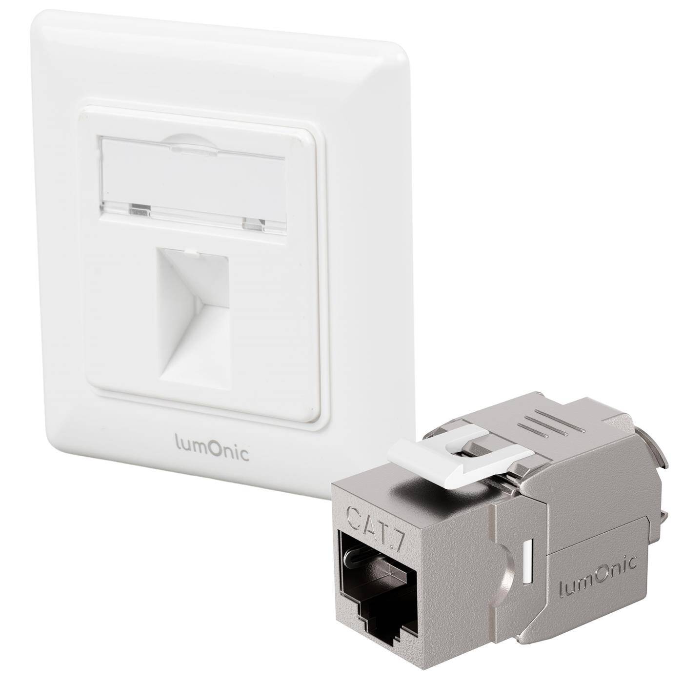 Lumonic Keystone-Rahmen Unterputz inkl. CAT7 Modul | 1-Port Snap-In I werkzeuglose Keystone Montage | Ethernet bis zu 10 Gbit/s AWG22-24 | RJ45 vollgeschirmt |